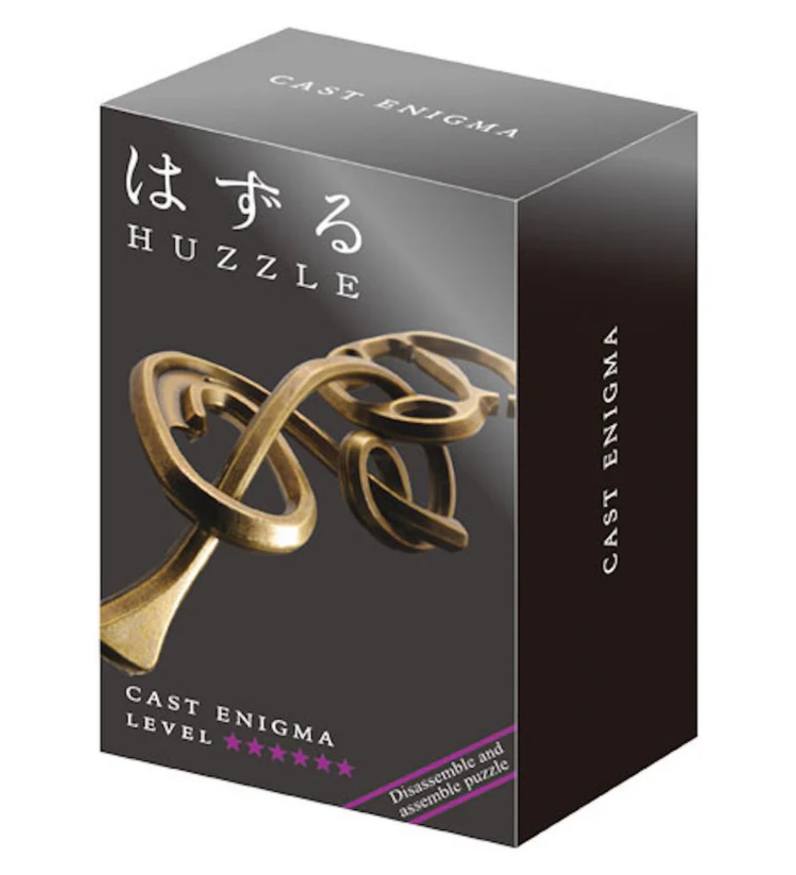 A Huzzle Cast Enigma ördöglakat elegáns, fekete dobozban, amelyen a játék összefonódó, bronzszínű elemei láthatók.