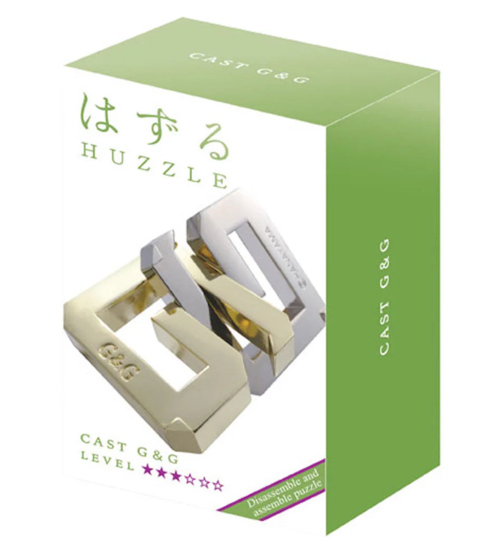 A Huzzle Cast G&G doboza zöld-fehér dizájnnal, az előlapján a kirakó képe, japán és angol felirattal, valamint az 1-es nehézségi szintet jelző csillagokkal.