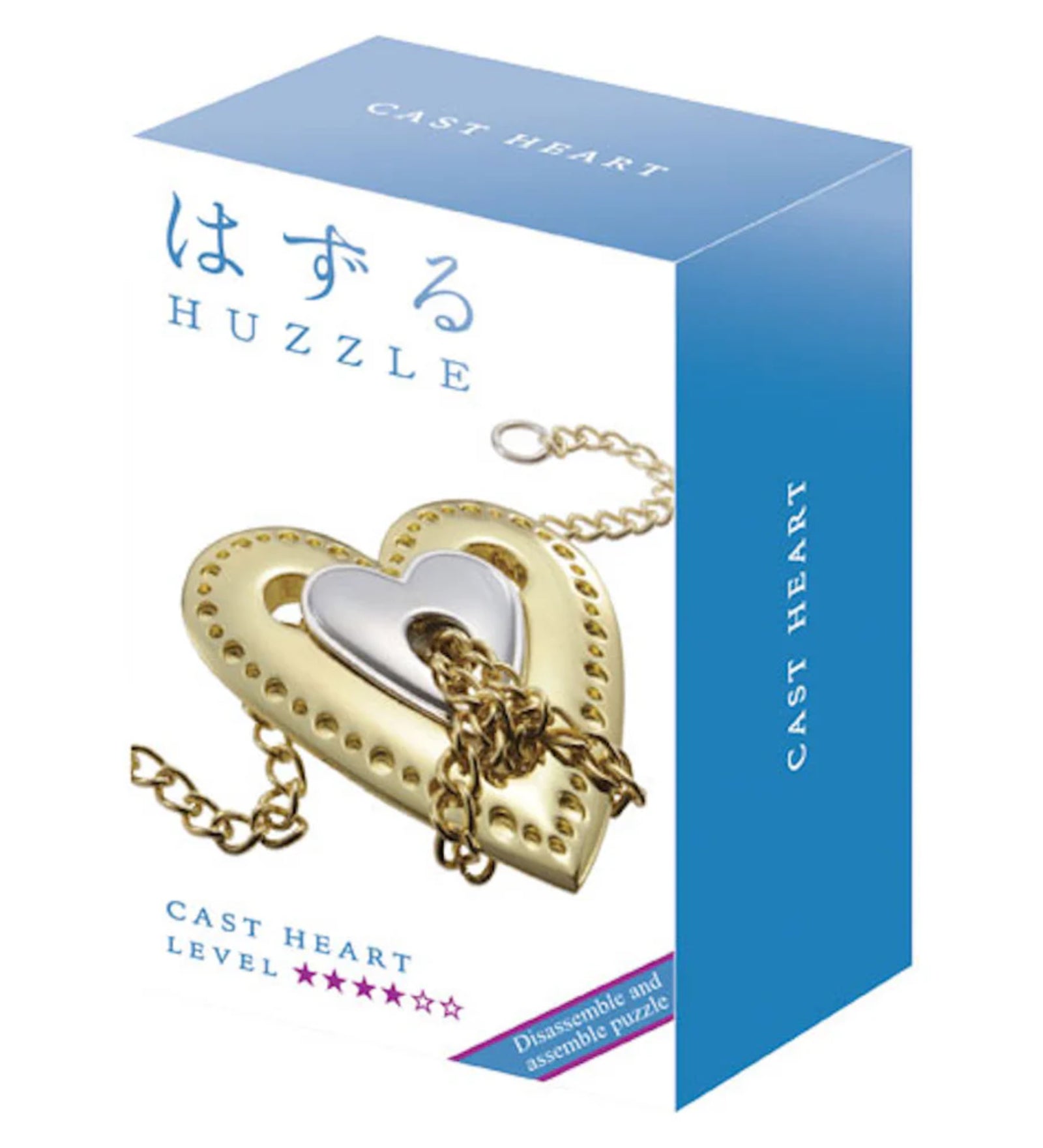 A Huzzle Cast HEART kirakós kék-fehér színű doboza, amelyen a nehézségi szint és a szív alakú fém puzzle láncokkal látható.