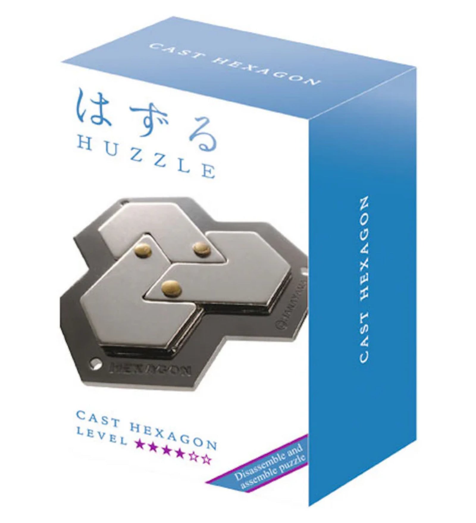 A Huzzle Cast HEXAGON logikai játék kék-fehér csomagolása, amelyen a kirakott puzzle és a nehézségi szint is látható.