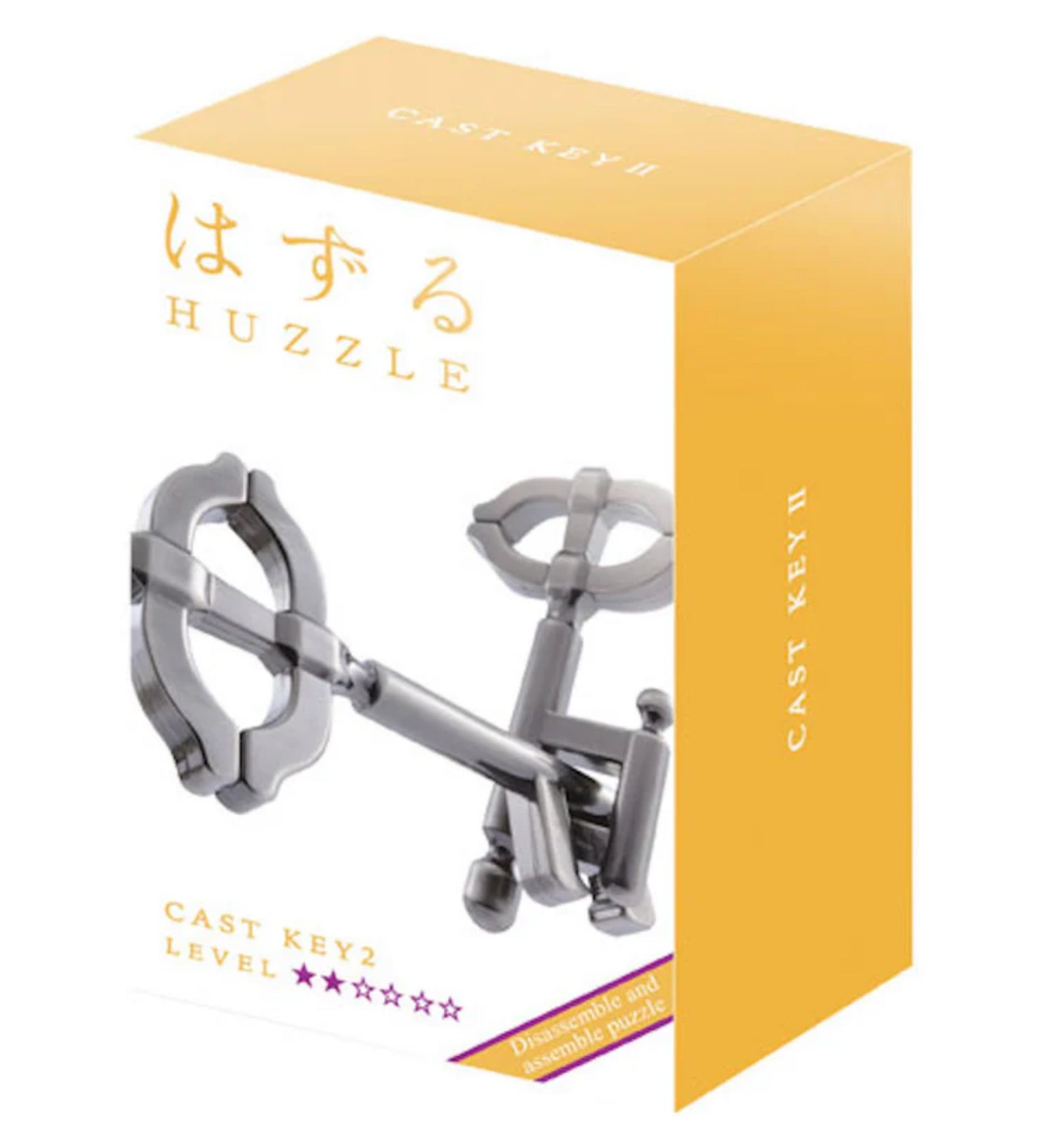 A Huzzle Cast Key II doboza, amely a fém fejtörő képét és a nehézségi szintet (★★☆☆☆) is ábrázolja.