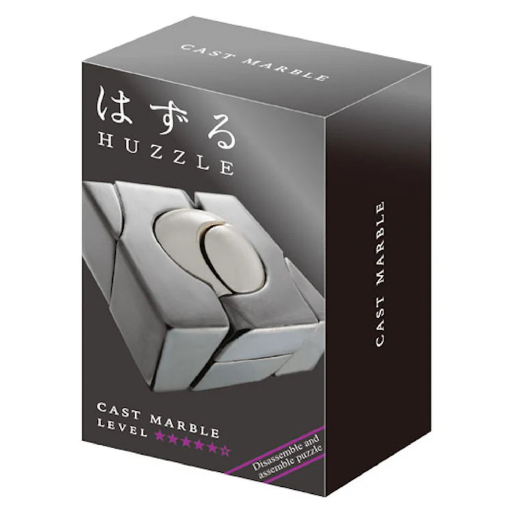 A Huzzle Cast MARBLE ördöglakat elegáns, fekete dobozban, 5 csillagos nehézségi szinttel, logikai kihívások kedvelőinek.
