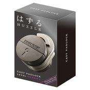A Huzzle Cast PADLOCK ördöglakat elegáns fekete dobozban, lakat formájú logikai kihívással és 5 csillagos nehézségi szinttel.