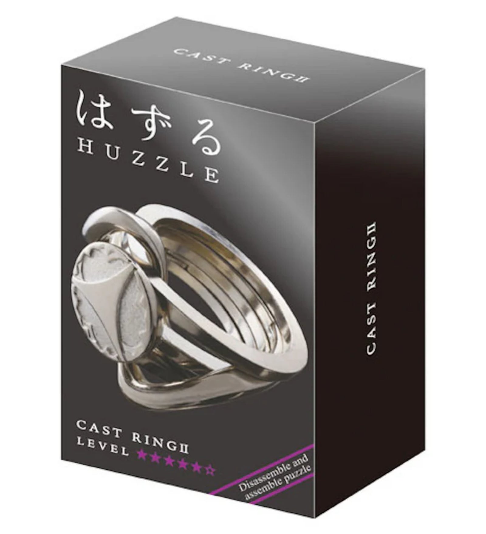 A Huzzle Cast RING II doboza elegáns fekete háttérrel, rajta a kirakó képe és a nehézségi szintet jelző öt csillag.