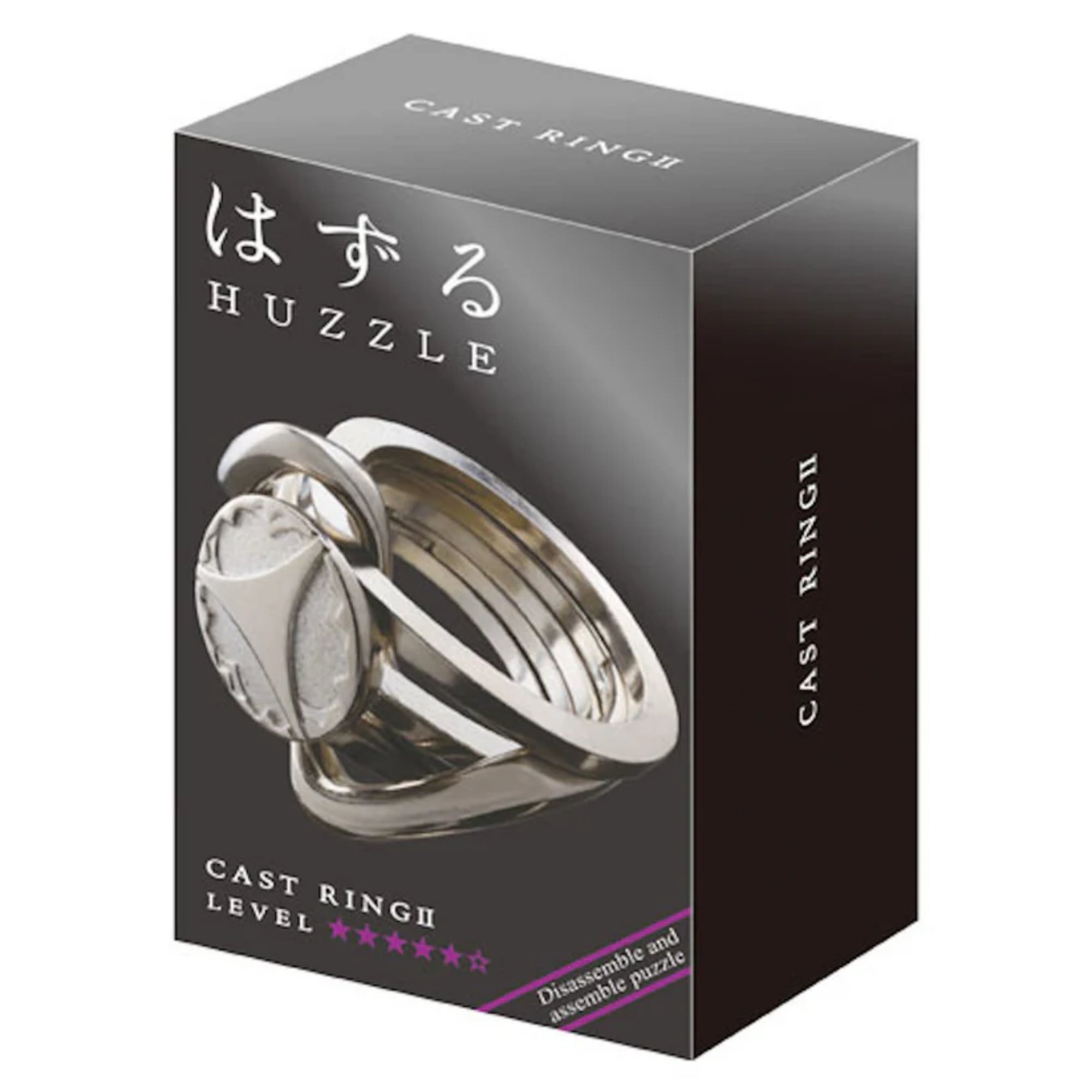 A Huzzle Cast RING II doboza elegáns fekete háttérrel, rajta a kirakó képe és a nehézségi szintet jelző öt csillag.
