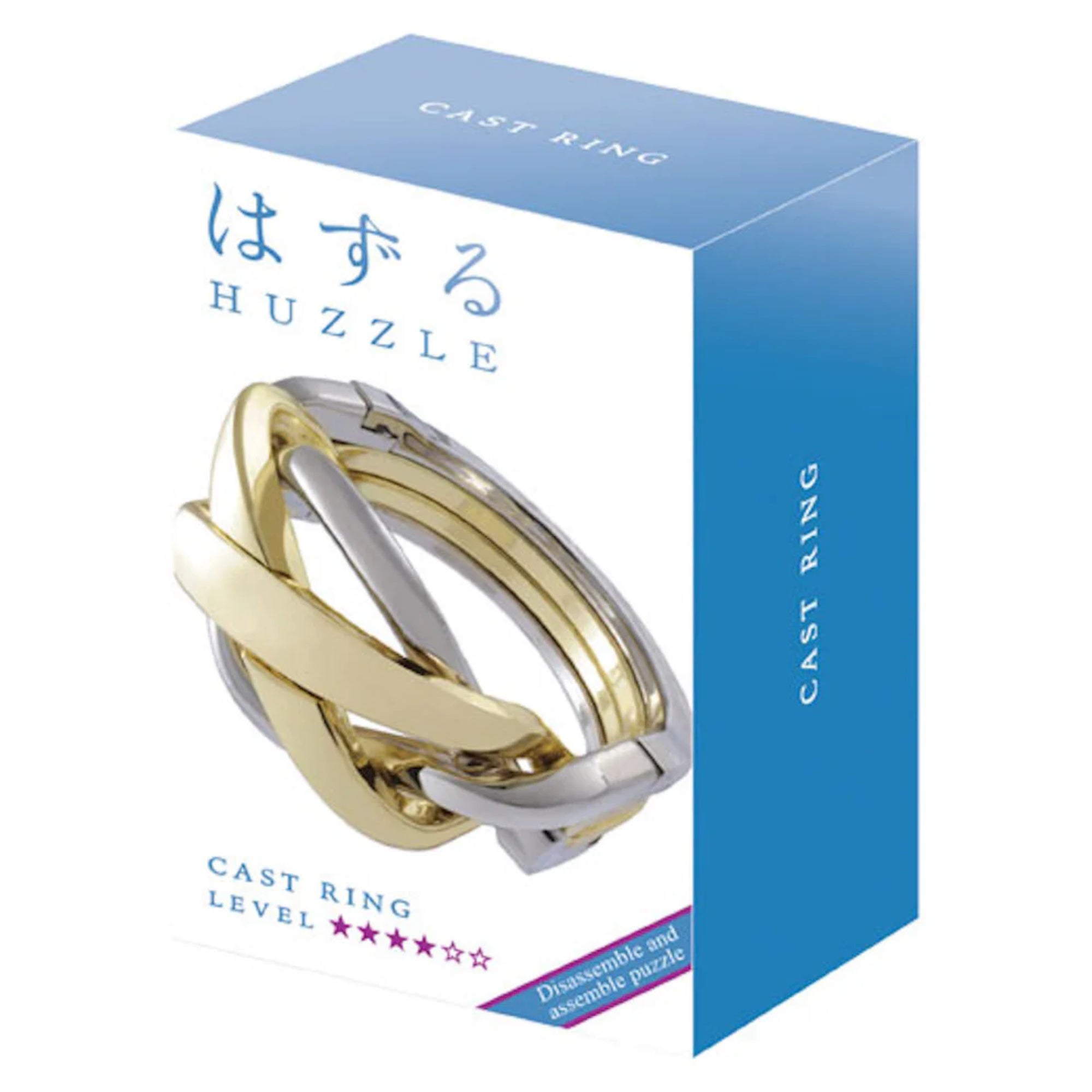 A Huzzle Cast RING dobozakék-fehér dizájnnal, rajta a puzzle elegáns, fonott gyűrűformája és a nehézségi szintet jelző csillagok.