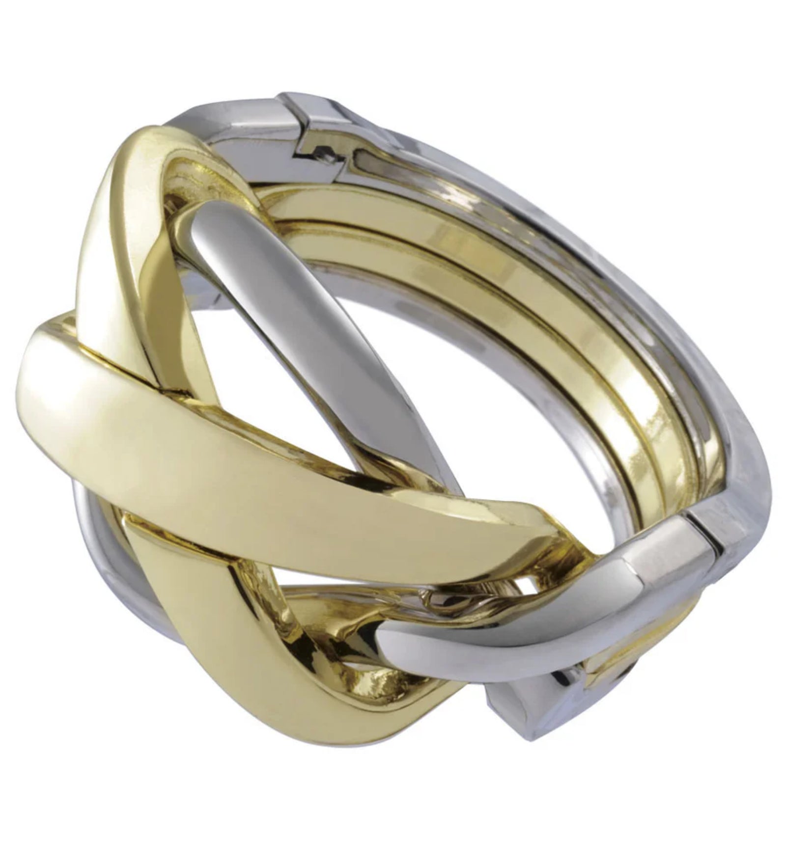 A Huzzle Cast RING logikai játék összerakott állapotban, egymásba fonódó arany és ezüst színű gyűrűelemekből álló, elegáns kinézetű fém fejtörő.
