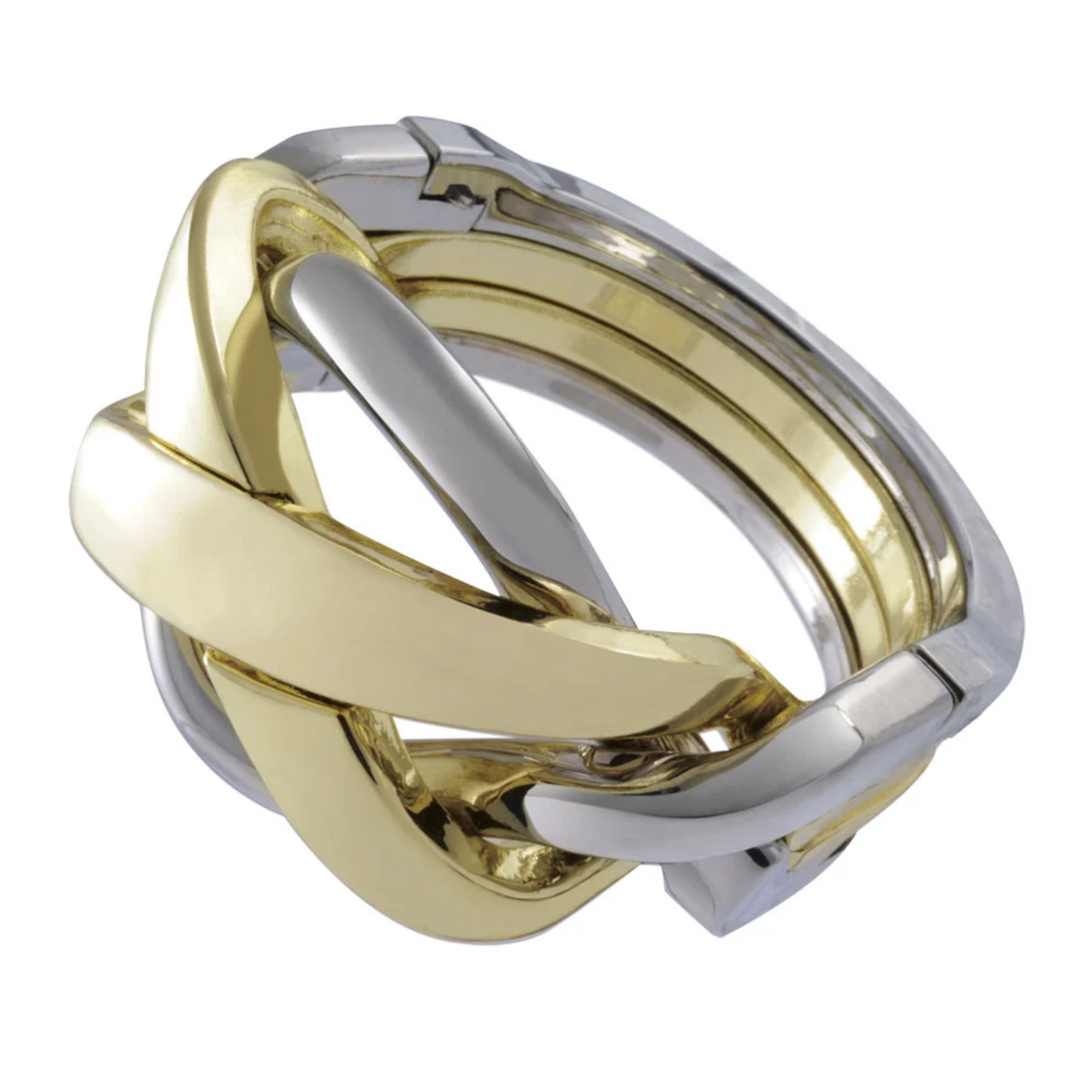 A Huzzle Cast RING logikai játék összerakott állapotban, egymásba fonódó arany és ezüst színű gyűrűelemekből álló, elegáns kinézetű fém fejtörő.