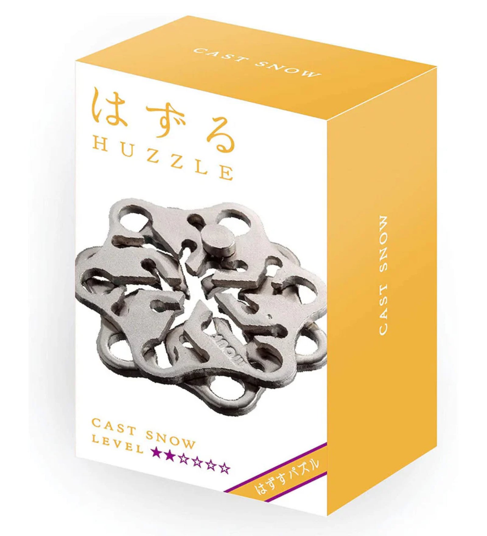 A Huzzle Cast SNOW kirakós elegáns fehér-sárga színvilágú doboza, amelyen a bonyolult, hópehely mintájú összeszerelt puzzle fotója látható.