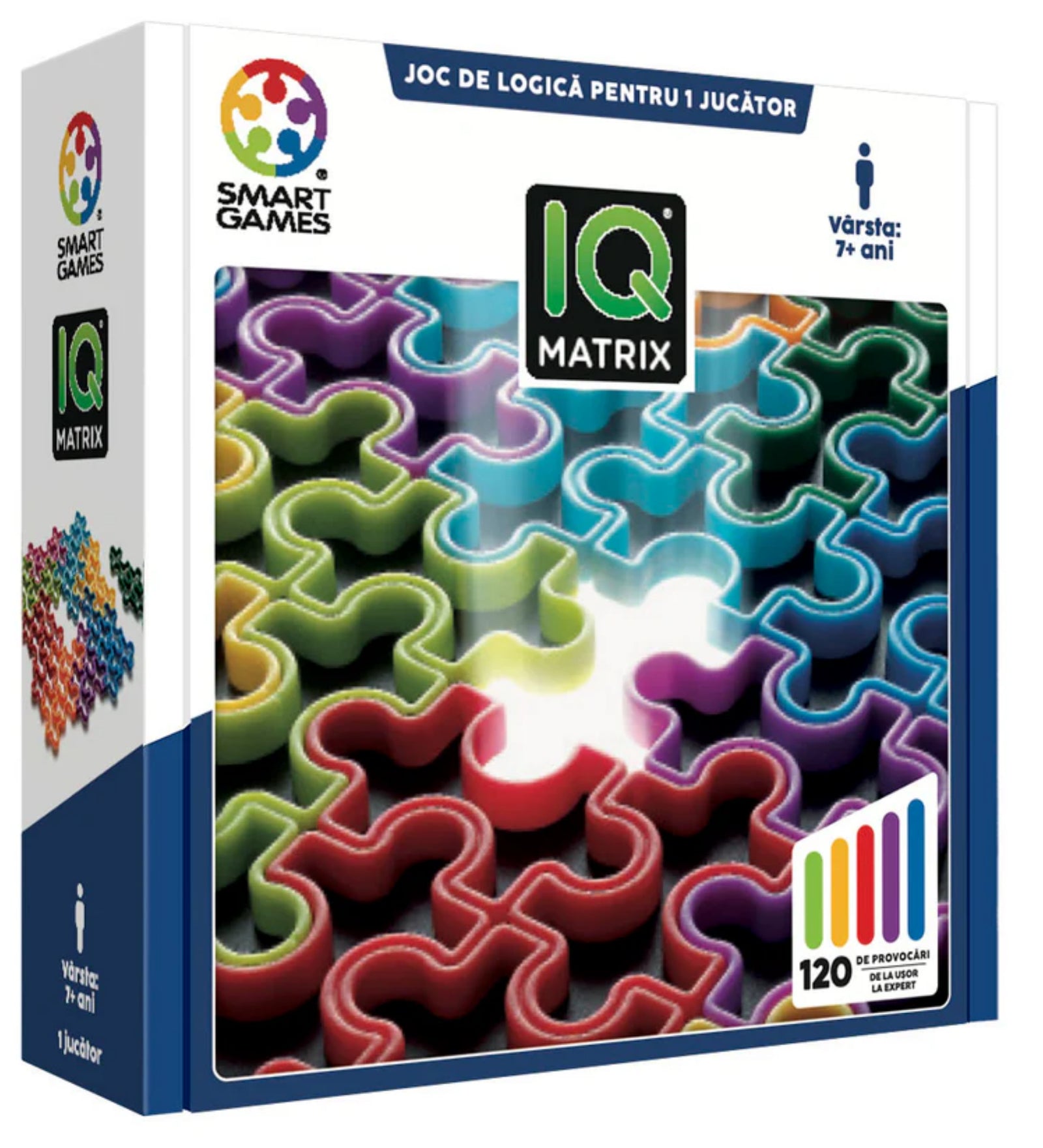 Az IQ Matrix társasjáték doboza látható, rajta a színes, egymáshoz illeszkedő puzzle-darabok képével, valamint Smart Games logóval és információkkal, amelyek szerint 120 kihívást tartalmaz 7 éves kortól.

