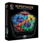 Az IQ Pentagon logikai játék doboza, színes kristályformájú elemekkel és 120 kihívással egy játékos számára.
