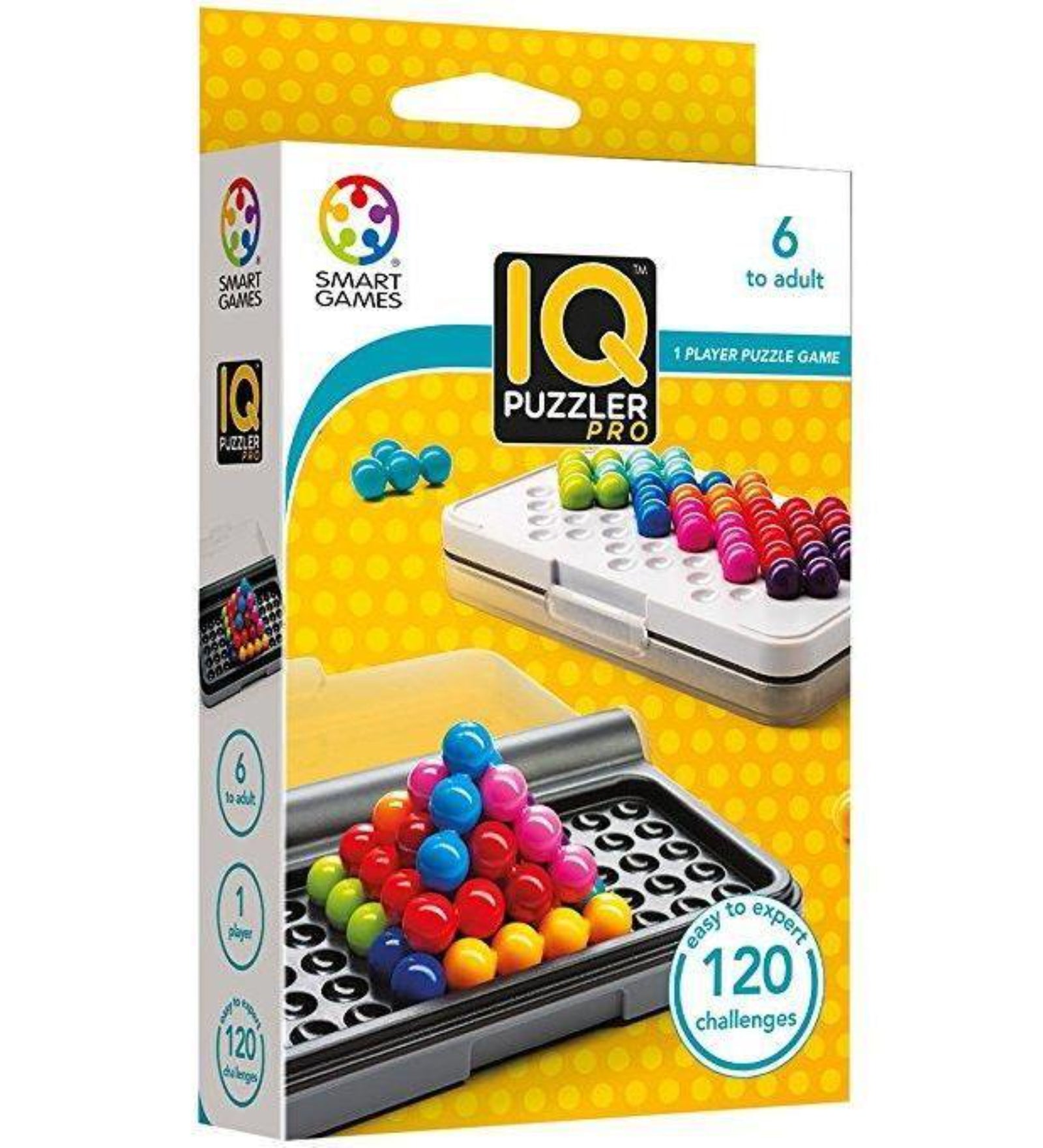 Ez a képen látható doboz az „IQ Puzzler Pro” nevű Smart Games logikai játékot mutatja be. A játék egyedül játszható, 6 éves kortól egészen felnőttkorig ajánlott. A doboz elején színes golyókból álló logikai feladványokat látunk, amelyek különféle sík- és térbeli kihívások megoldására ösztönöznek. A csomag 120 különböző feladványt tartalmaz, amelyek a kezdőtől a haladó szintig terjednek.