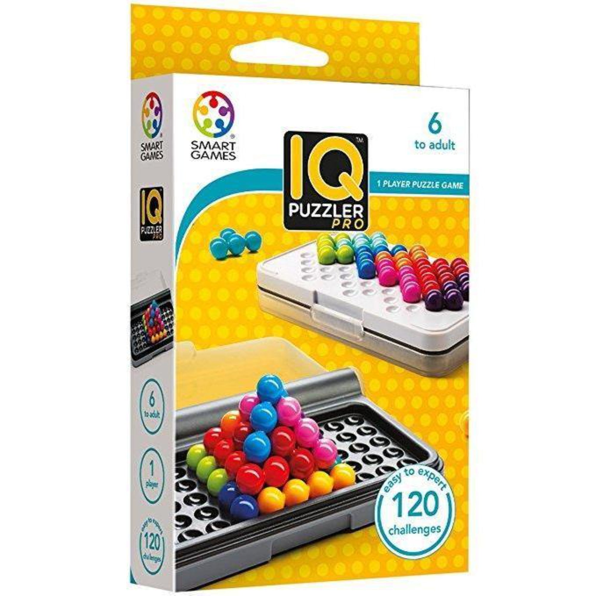 Ez a képen látható doboz az „IQ Puzzler Pro” nevű Smart Games logikai játékot mutatja be. A játék egyedül játszható, 6 éves kortól egészen felnőttkorig ajánlott. A doboz elején színes golyókból álló logikai feladványokat látunk, amelyek különféle sík- és térbeli kihívások megoldására ösztönöznek. A csomag 120 különböző feladványt tartalmaz, amelyek a kezdőtől a haladó szintig terjednek.