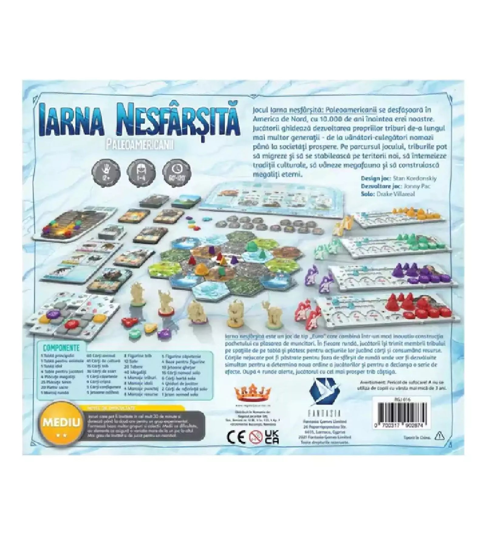 Az "Iarna Nesfârșită: Paleoamericanii" társasjáték hátoldala, amely részletesen bemutatja a játék komponenseit és a játékmenetet.