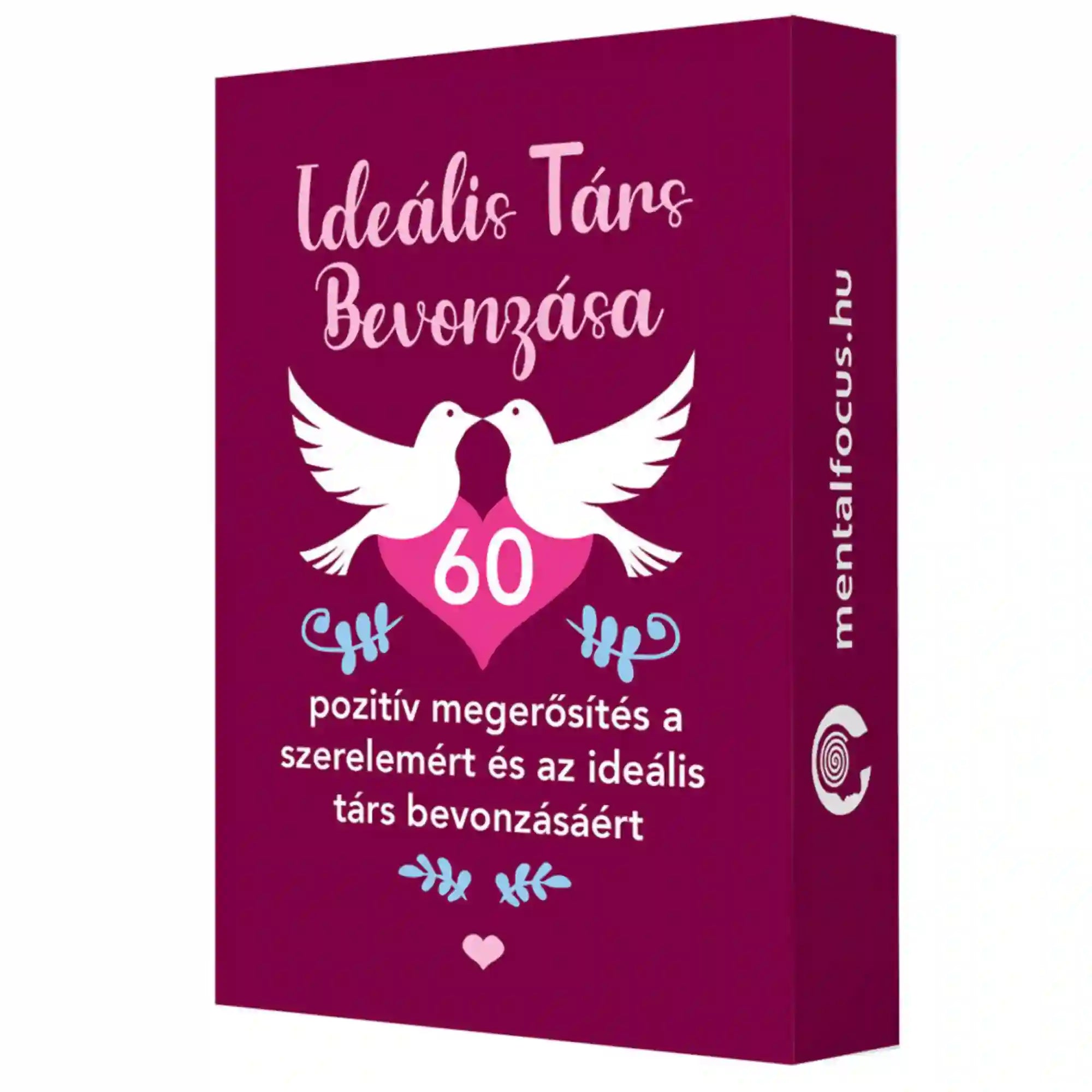 Ideális társ bevonzása – 60 pozitív megerősítés kártya díszdoboza, a kártyacsomag eredeti csomagolása.