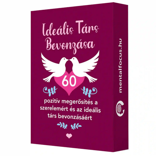 Ideális társ bevonzása – 60 pozitív megerősítés kártya díszdoboza, a kártyacsomag eredeti csomagolása.