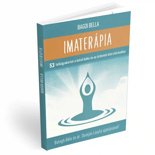 Bagdi Bella Imaterápia könyv türkiz-narancssárga borítóval, meditáló alak illusztrációjával, fehér háttér előtt.
