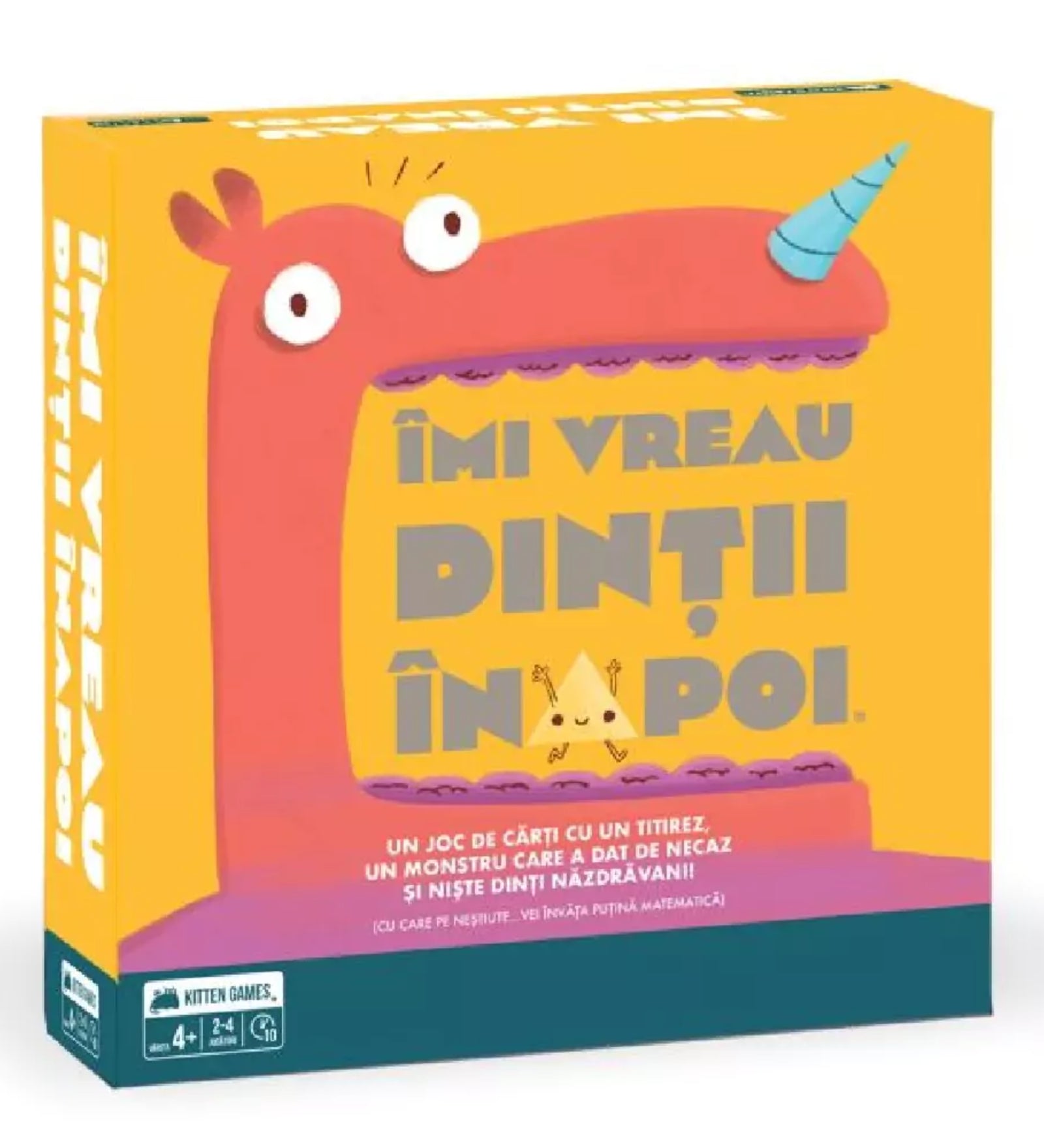 A képen az „Îmi vreau dinții înapoi” című gyerekjáték színes doboza látható. A sárga háttérrel és élénk illusztrációkkal díszített csomagoláson egy vicces rózsaszín szörnyeteg tátott szája dominál, amelyből hiányoznak a fogak – ezek visszaszerzése a játék célja. A szörny feje oldalra dől, és egy kék szarv is díszíti. A játék neve nagy, szürke betűkkel szerepel a dobozon, mely alatt egy rövid leírás olvasható: „Egy kártyajáték egy pörgettyűvel, egy bajba jutott szörnnyel és csintalan fogacskákkal.”