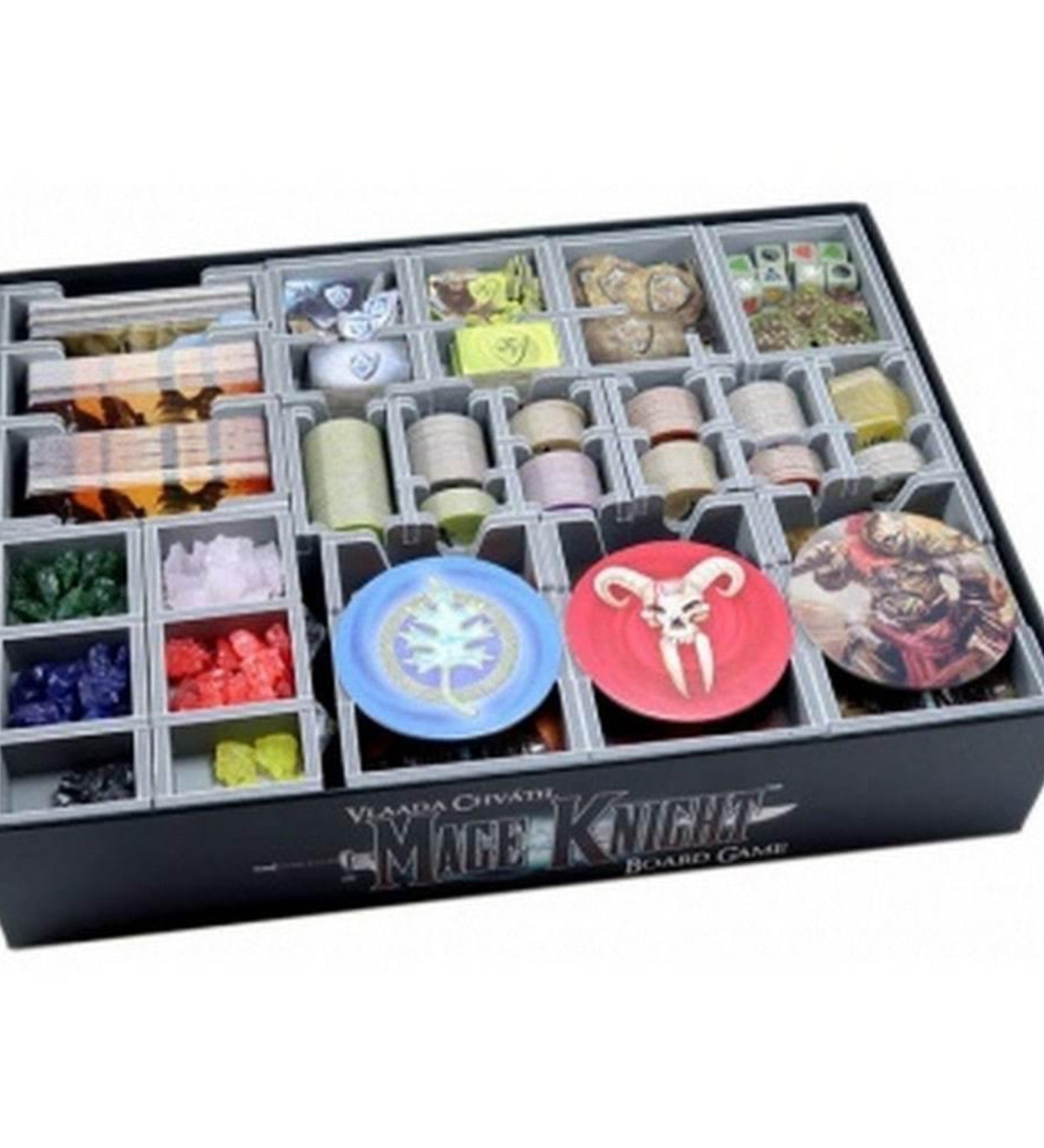 Mage Knight Board Game fa rendszerező – rekeszes organizer a dobozban, külön tárolóval kártyáknak, jelölőknek, kristályoknak, zsetonoknak és frakciókorongoknak.