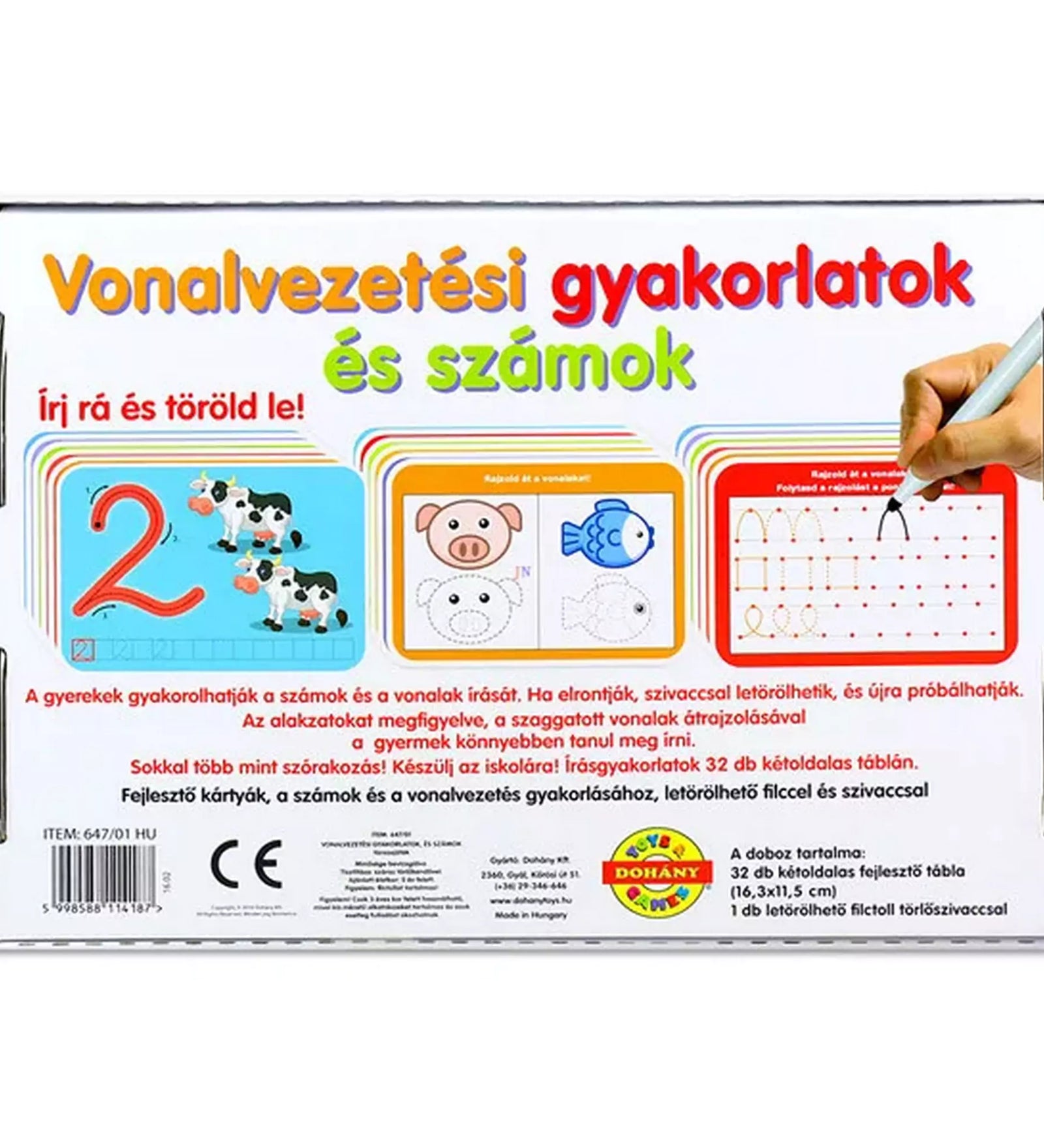 Írj rá és töröld le! Vonalvezetési gyakorlatok és számok – a doboz hátoldala, szám- és vonalvezetési feladatokat bemutató fejlesztőtáblákkal.