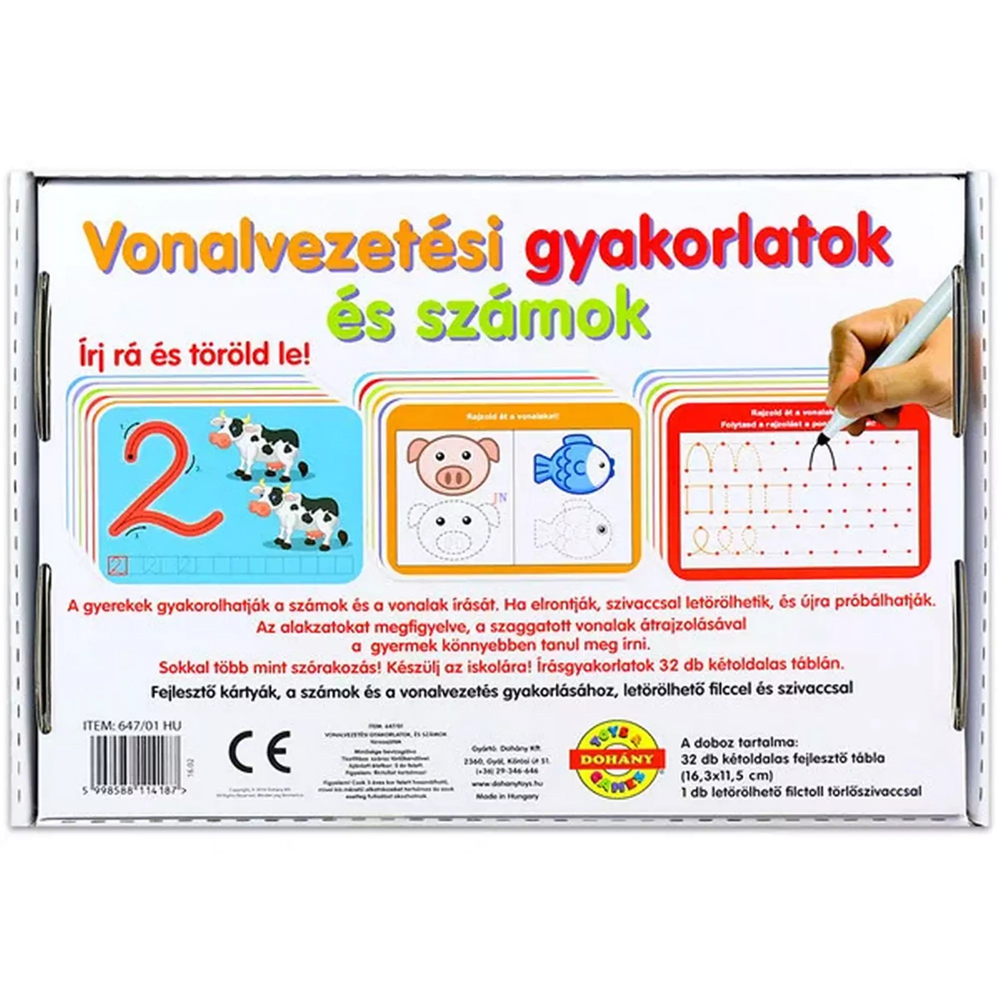 Írj rá és töröld le! Vonalvezetési gyakorlatok és számok – a doboz hátoldala, szám- és vonalvezetési feladatokat bemutató fejlesztőtáblákkal.