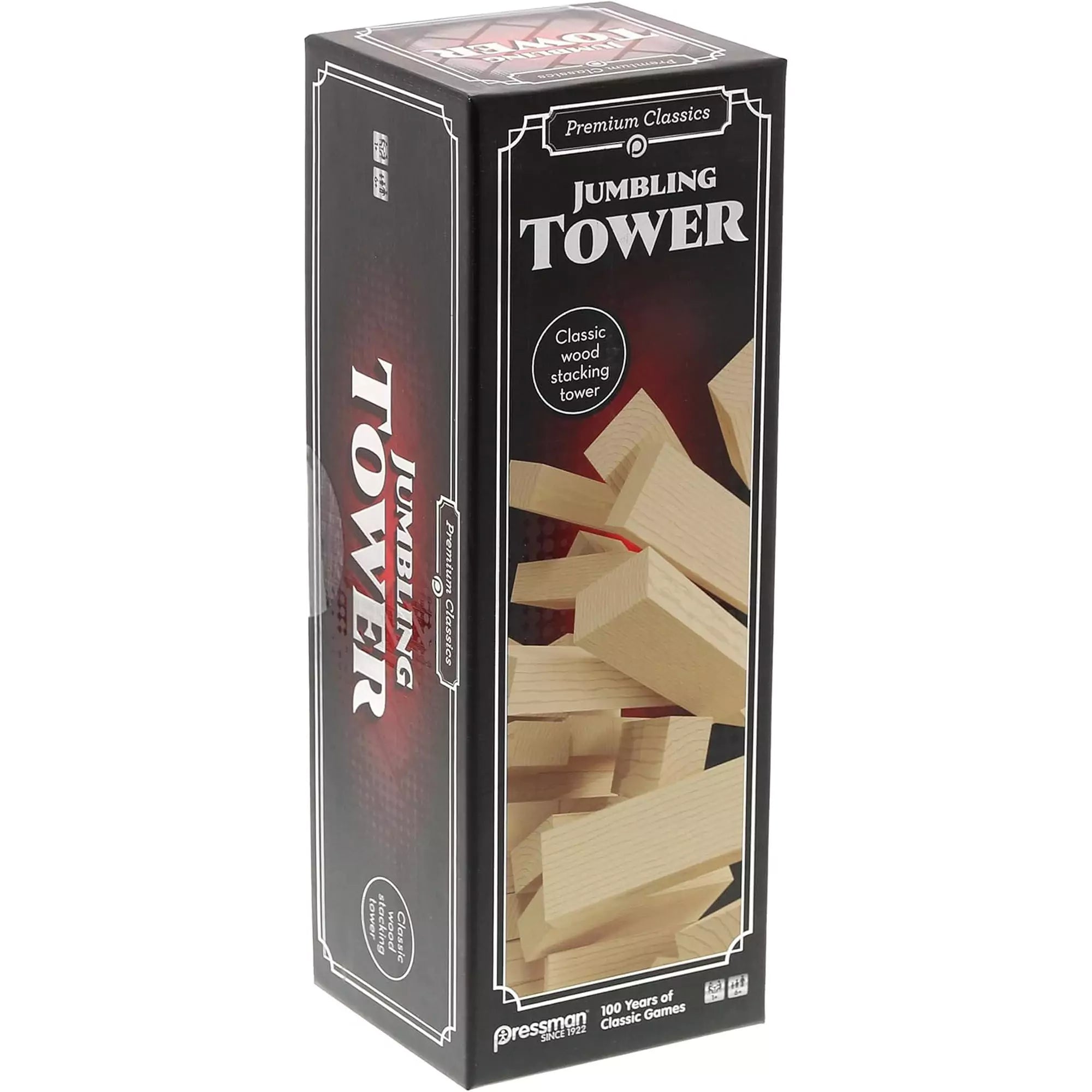 A Jumbling Tower játék doboza enyhén döntött szögből fotózva, oldalán jól látható a márkanév, a termékleírás és a fa blokkok látványos grafikája.