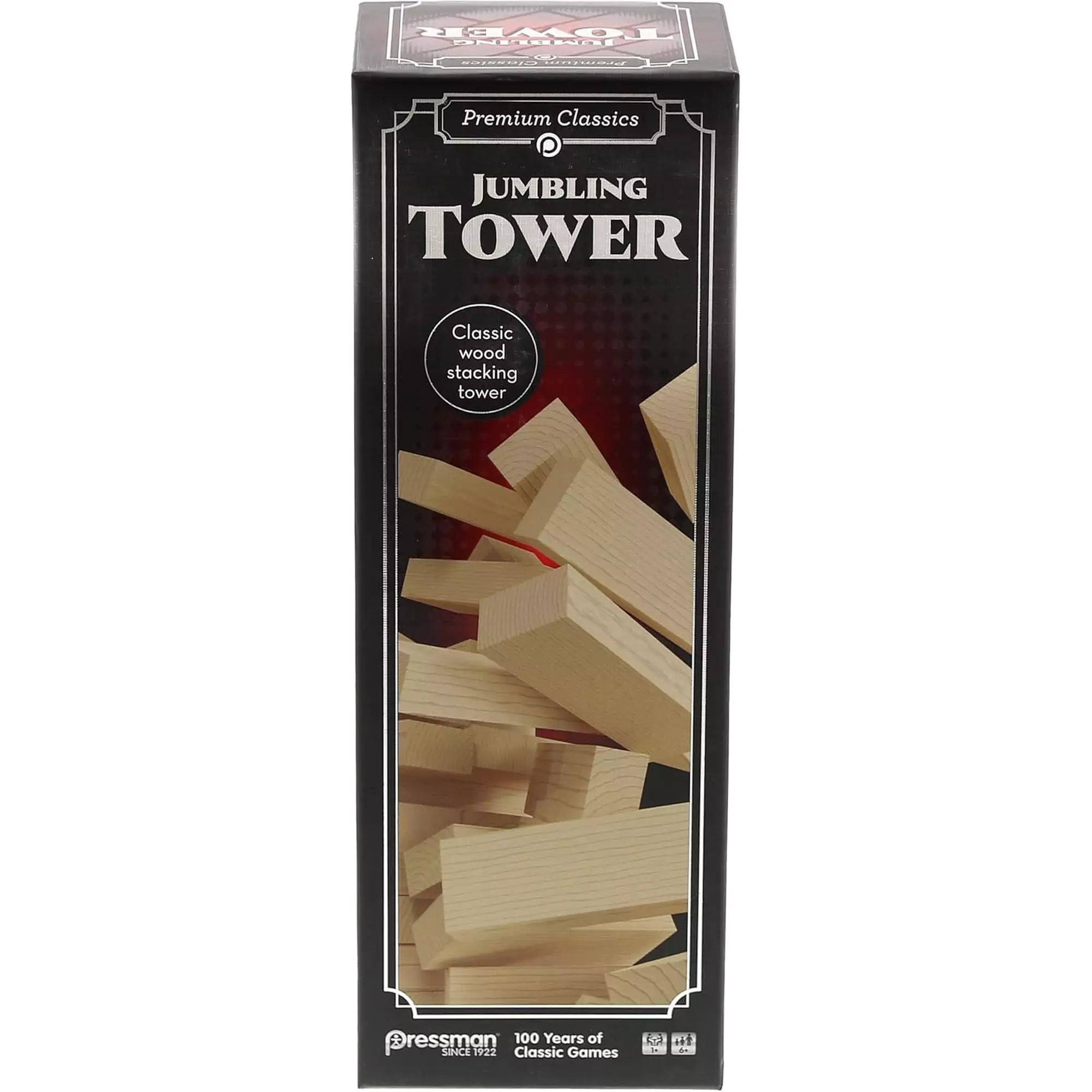 Fekete színű Jumbling Tower doboz elölnézeti képe, pirosas háttérrel és széteső fa blokkok illusztrációjával, klasszikus toronyépítő játékként feltüntetve.