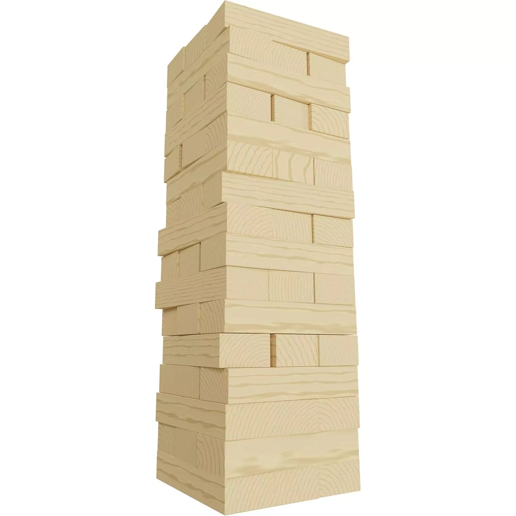 Felépített Jumbling Tower torony natúr fa építőelemekből, szabályosan elrendezett, stabil szerkezetként világos háttér előtt.