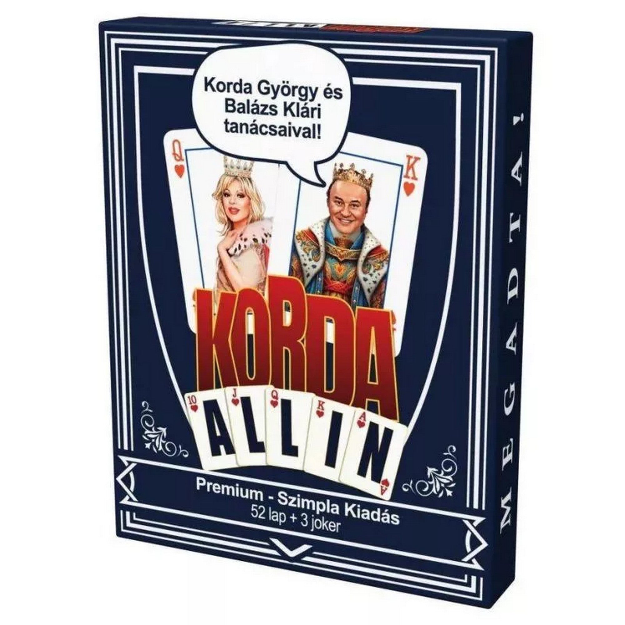 Korda All In prémium francia kártya előlapi dobozképe Korda György és Balázs Klári grafikájával.