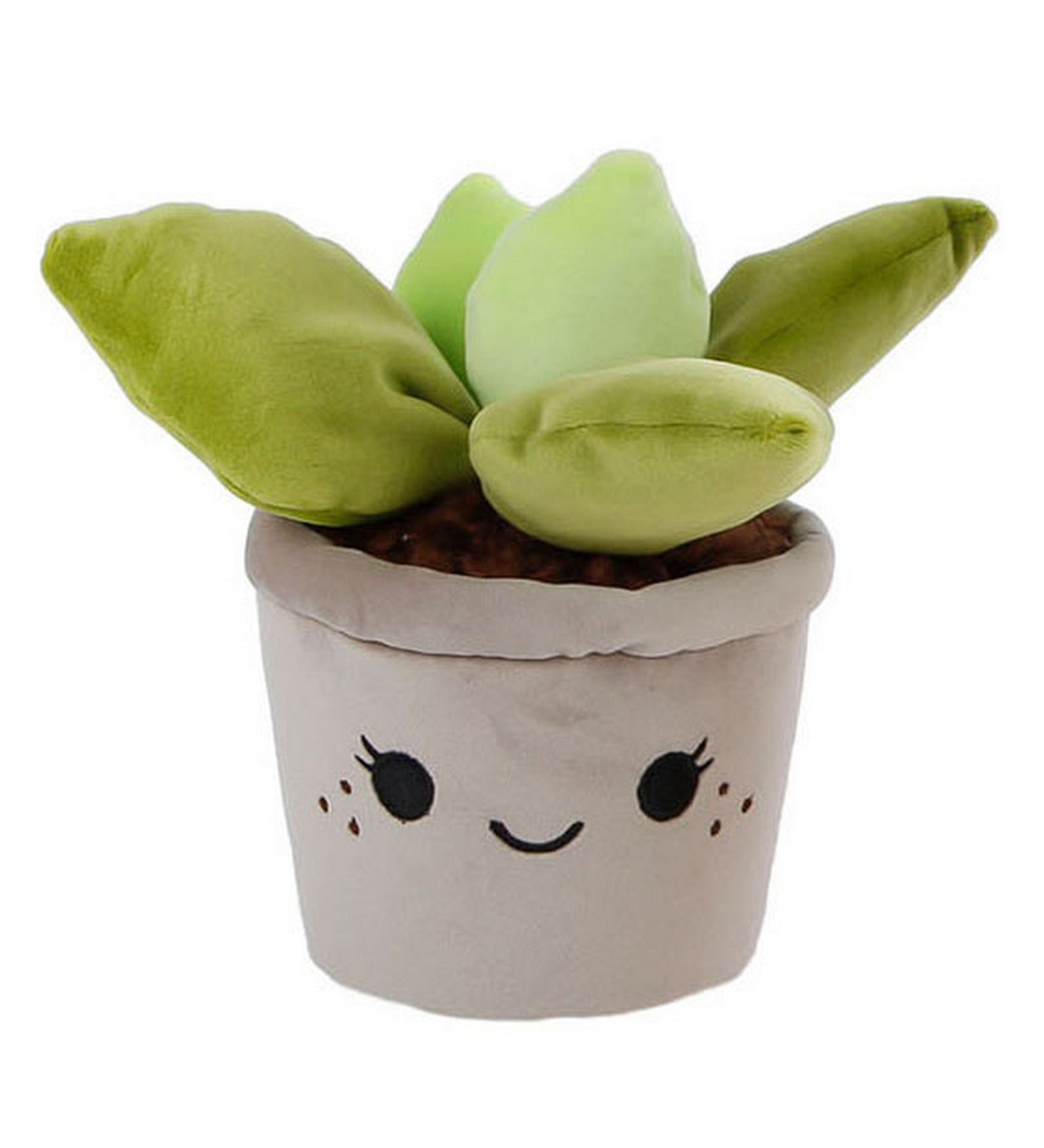 Mosolygós pozsgás növény plüssfigura puha zöld levelekkel, aranyos arcú virágcserép formájú kaspóban, fehér háttér előtt.
