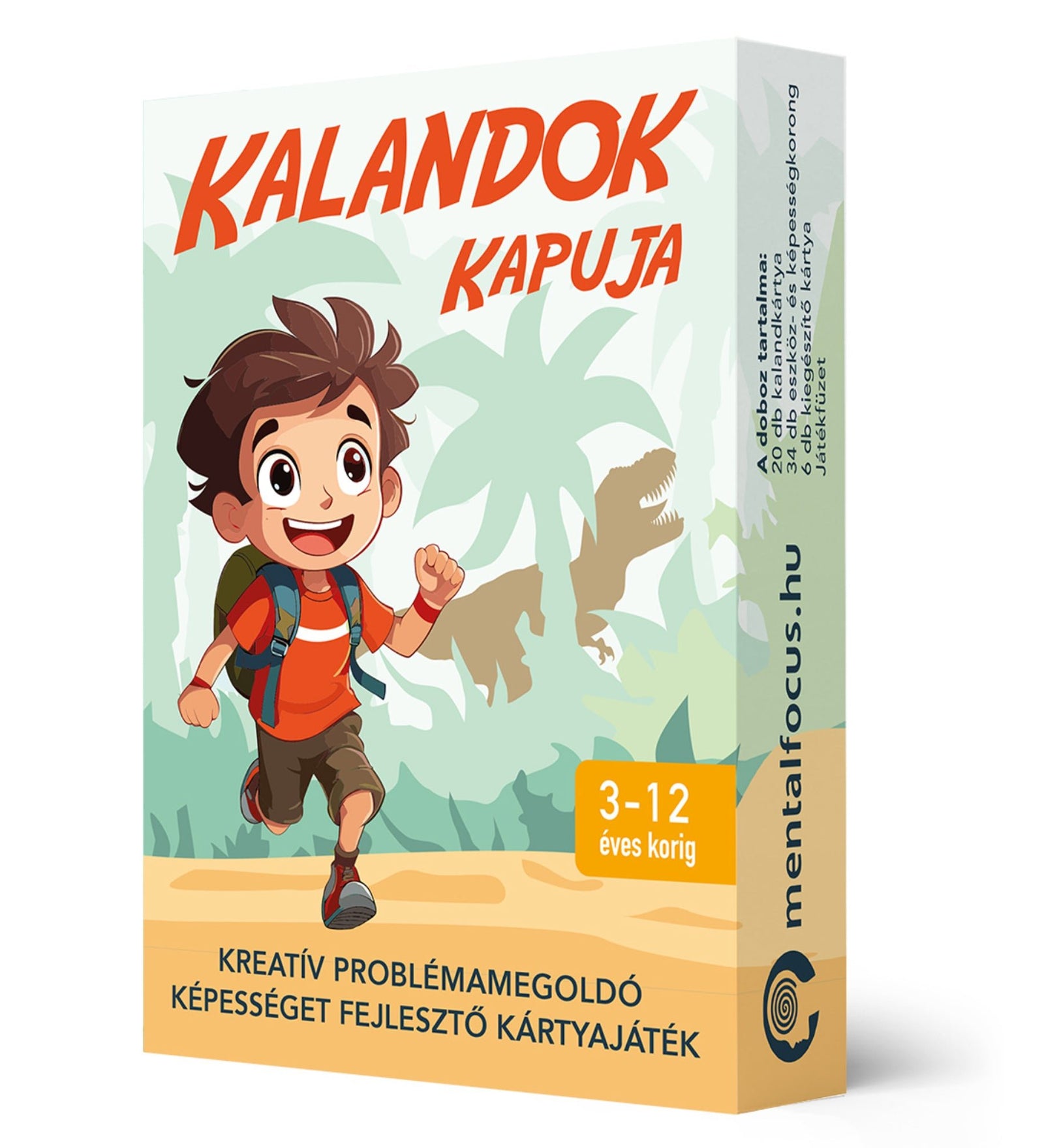 Kalandok kapuja kreatív problémamegoldó kártyajáték doboza, 3–12 éves gyerekeknek szóló fejlesztő társasjáték csomagolása.