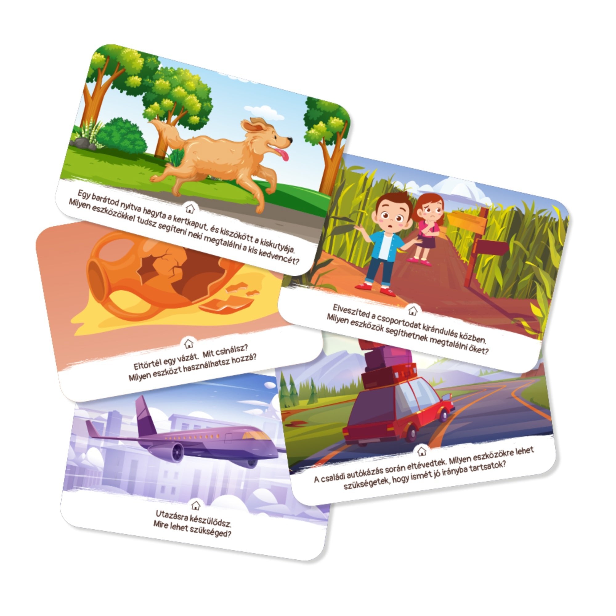 Kalandok kapuja kreatív problémamegoldó kártyajáték helyzetkártyái elveszett kiskutyával, kiránduló gyerekekkel és autós utazással.