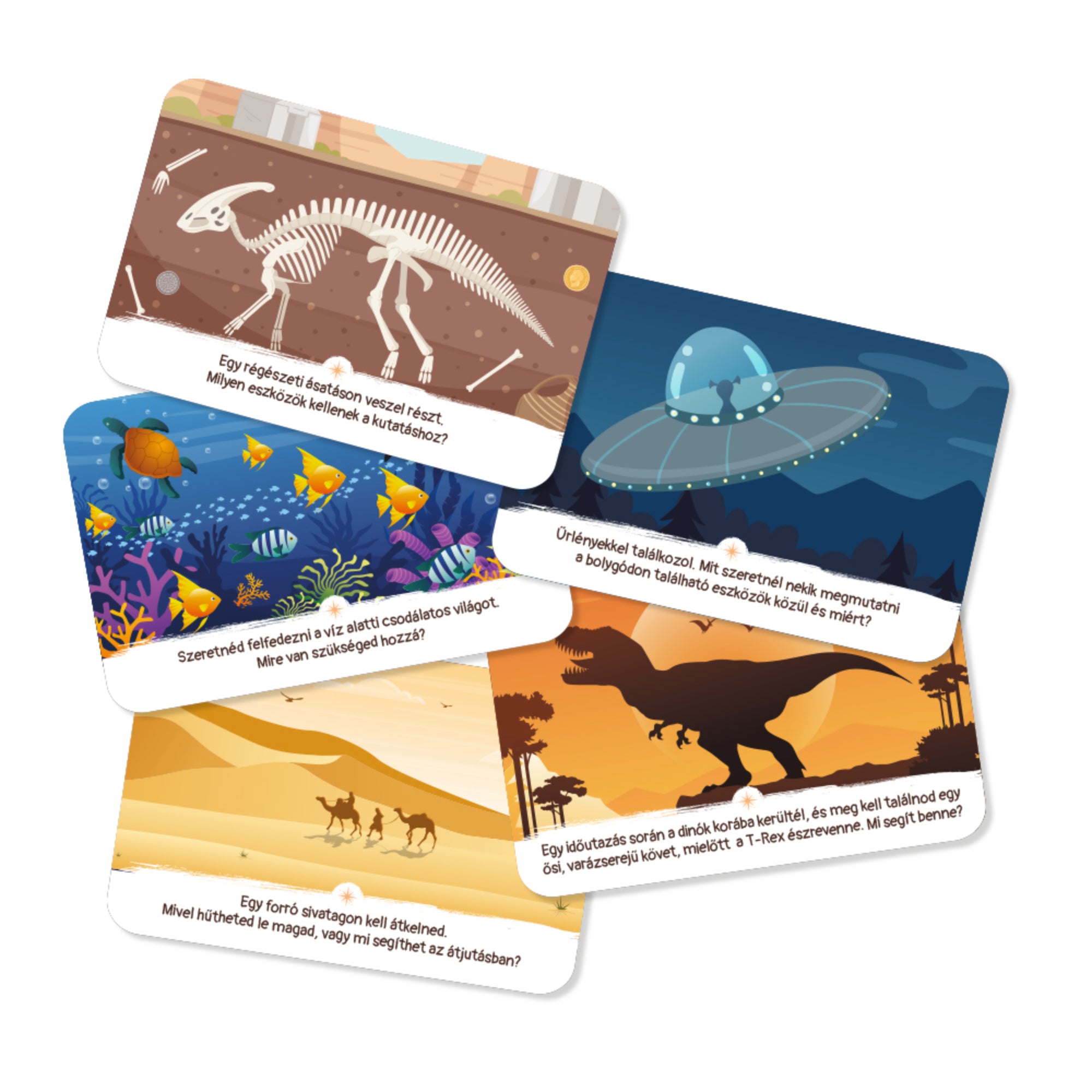 Kalandok kapuja kártyajáték kalandkártyái dinoszaurusz-ásatással, tengeri felfedezéssel, sivatagi utazással és UFO-találkozással.