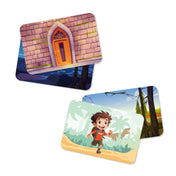 Kalandok kapuja kalandkártyák illusztrációi kastélyajtóval és dzsungelben futó kis felfedezővel.