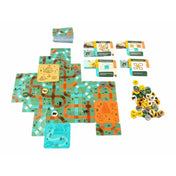 „A Kalandtúra társasjáték pályája kirakva útvonal- és folyókártyákkal, valamint állatjelölőkkel.”