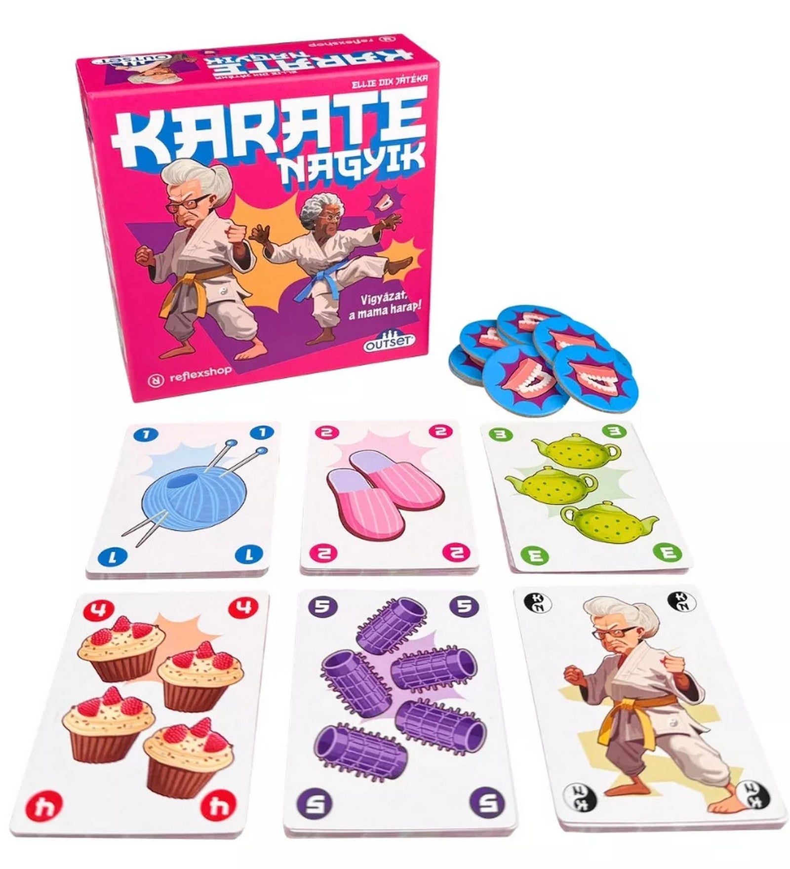 Karate Nagyik társasjáték tartalma, doboz, korongok és kártyák különböző tárgyakkal és nagymama karakterrel.