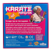 Karate Nagyik társasjáték doboz hátoldal, játékleírással, ikonokkal és egy harcoló nagymama illusztrációval.