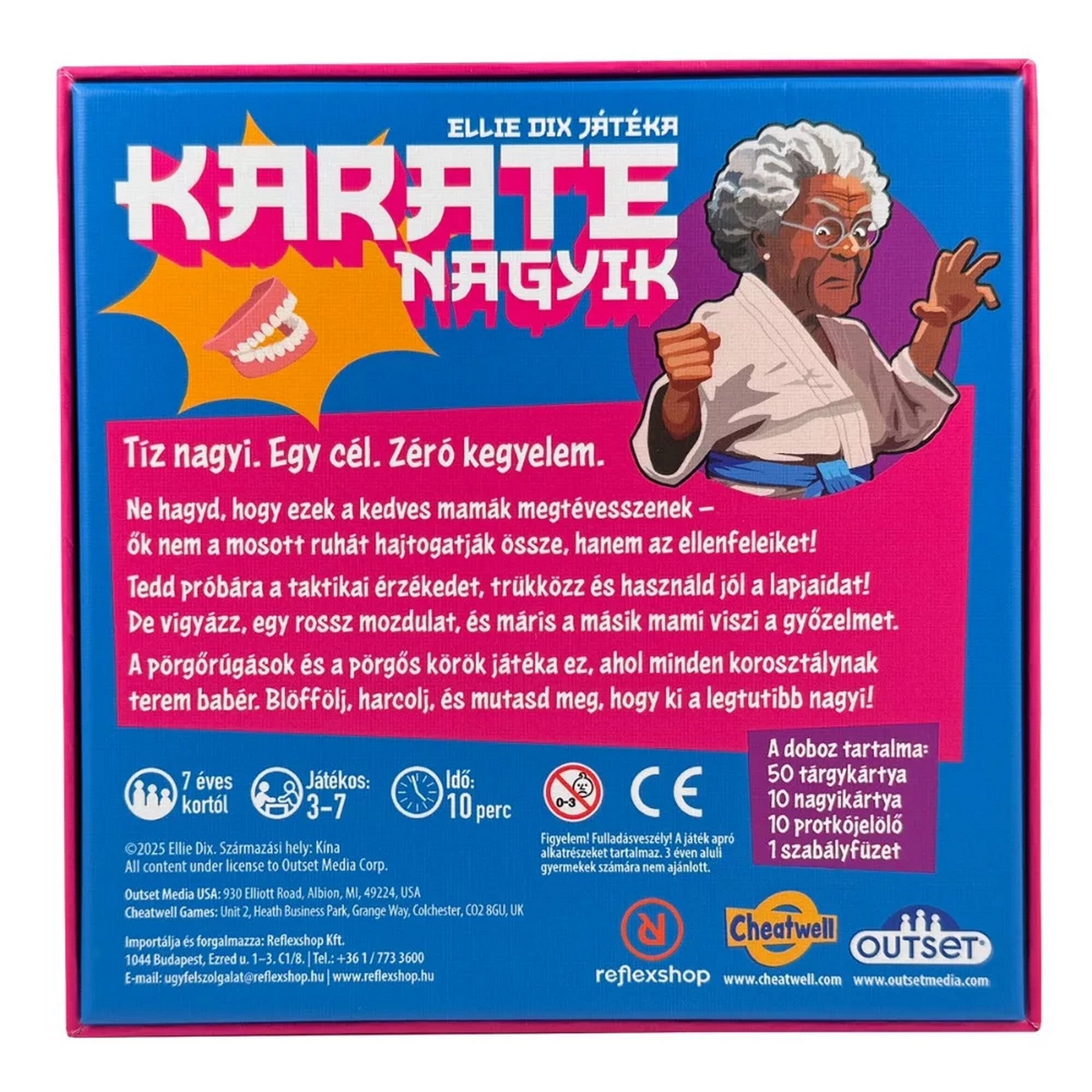 Karate Nagyik társasjáték doboz hátoldal, játékleírással, ikonokkal és egy harcoló nagymama illusztrációval.