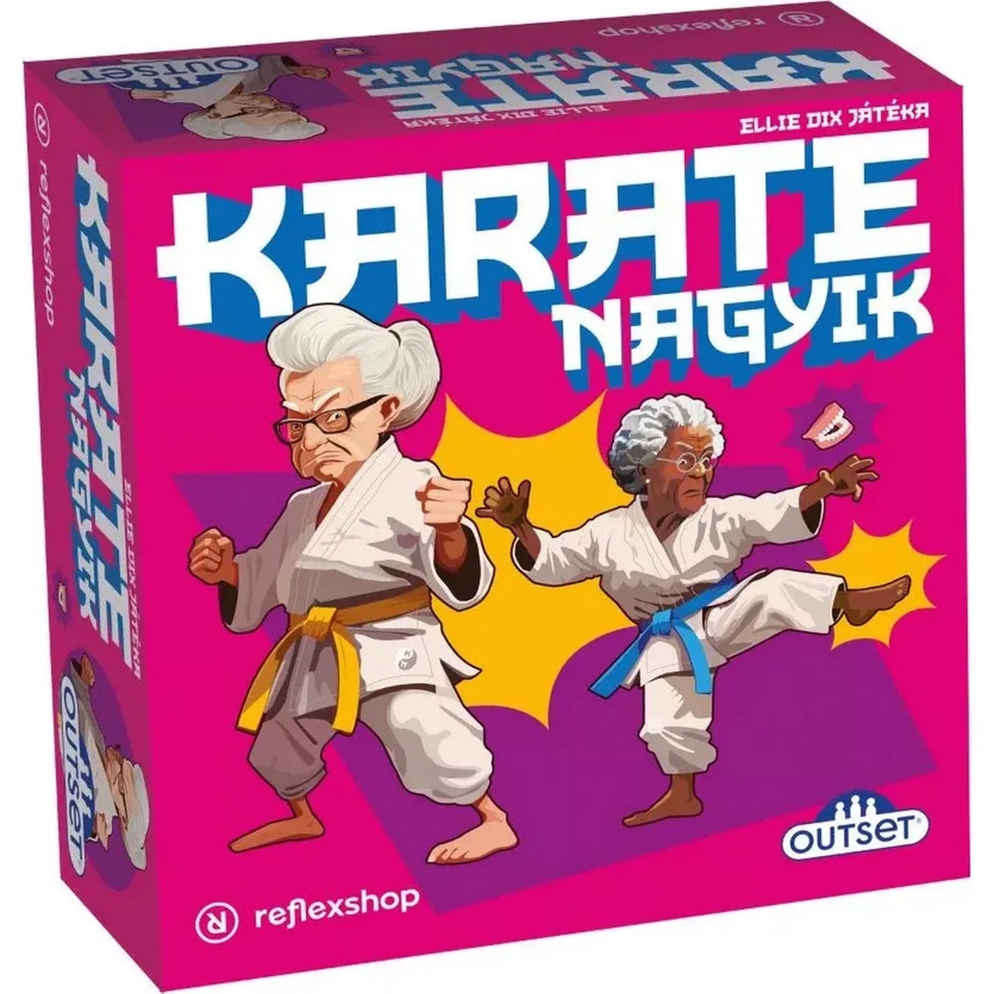 Karate Nagyik társasjáték dobozának előlapja, rózsaszín háttéren két harcművész nagymamával és látványos, humoros grafikával