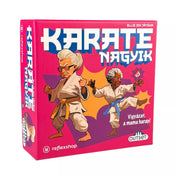 Karate Nagyik társasjáték doboz elölnézet, két karate ruhás nagymama harci pózban, élénk rózsaszín háttérrel.