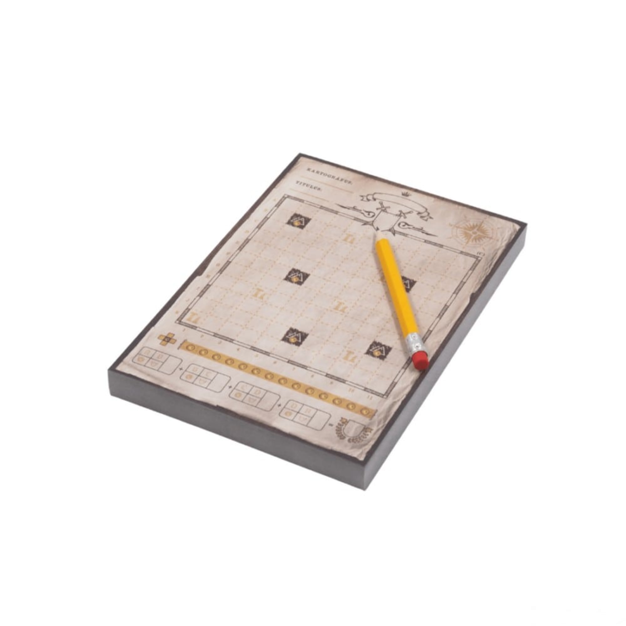 Kartográfusok Hősök térképlap és ceruza, játék közbeni rajzoláshoz előkészített játékelemek