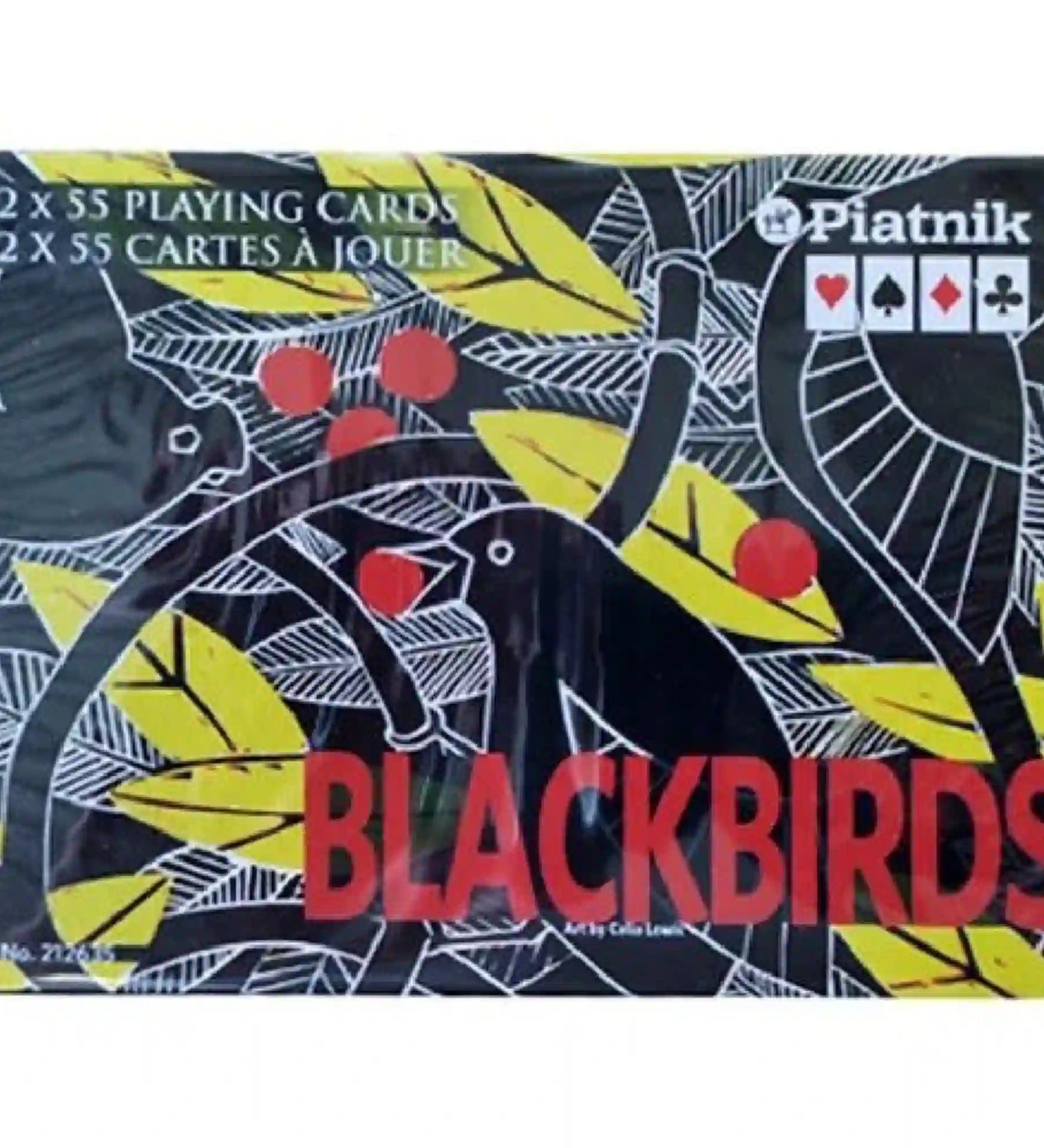 Piatnik Blackbirds játékkártya doboz, fekete alapon stilizált madár és levelek mintájával, piros „Blackbirds” felirattal és modern grafikai dizájnnal.