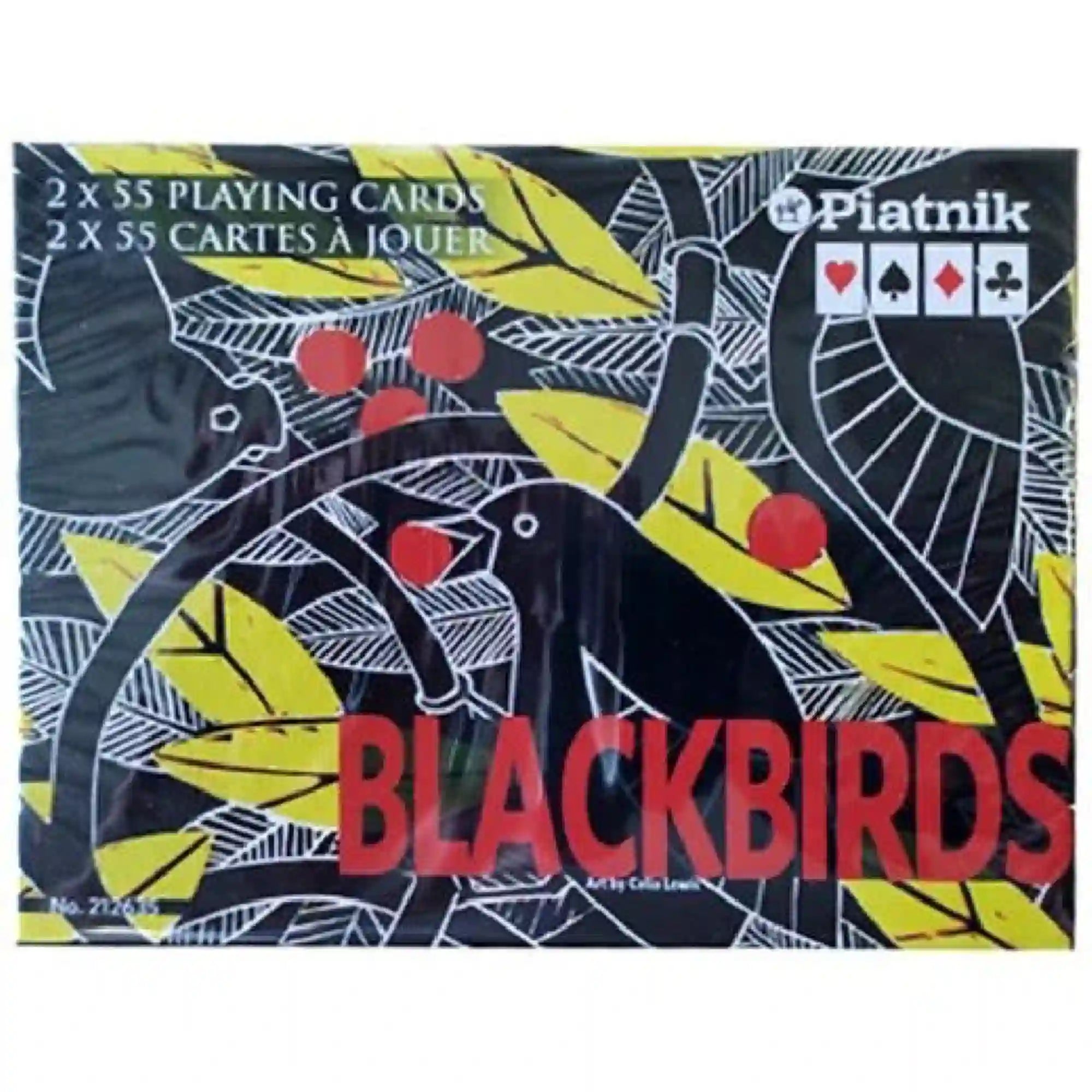 Piatnik Blackbirds játékkártya doboz, fekete alapon stilizált madár és levelek mintájával, piros „Blackbirds” felirattal és modern grafikai dizájnnal.