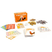 Kártyafarm társasjáték – A doboz és a játék összes eleme kiterítve, kártyák, jelölők és állatlapok fehér háttéren.