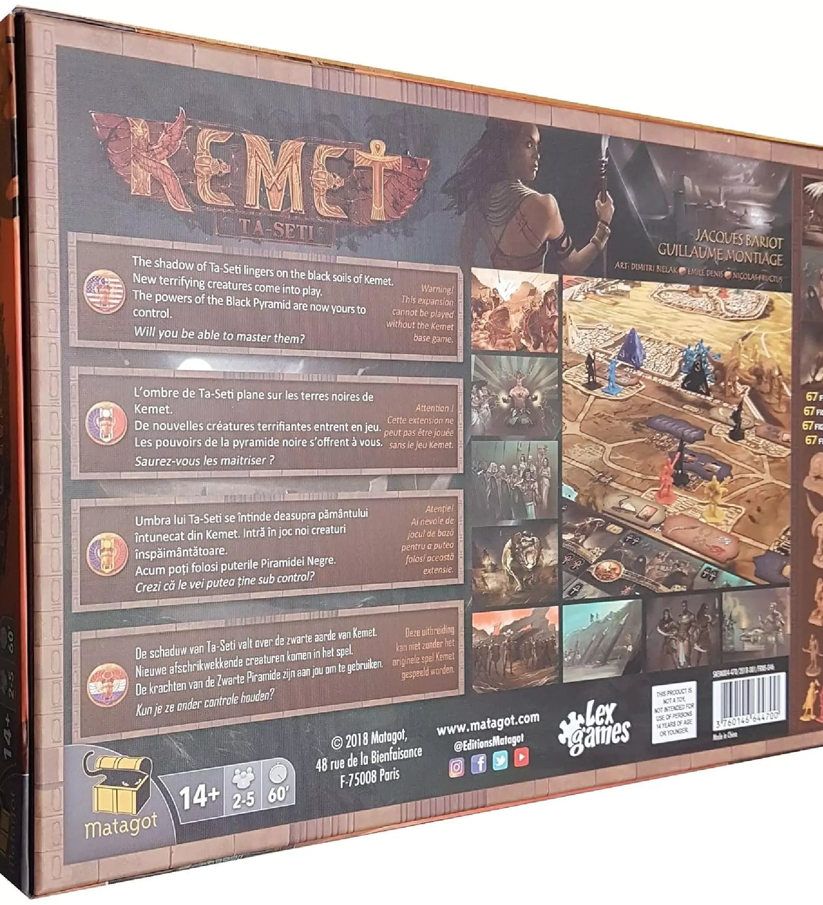 Kemet: Ta-Seti társasjáték doboz hátlapja, játéktábla képekkel, figurákkal és többnyelvű ismertető szöveggel.