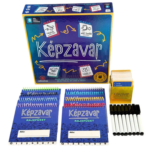 Képzavar társasjáték teljes tartalma: doboz, több rajzfüzet spirálkötéssel, kártyapakli és fekete filctollak rendezett elrendezésben.