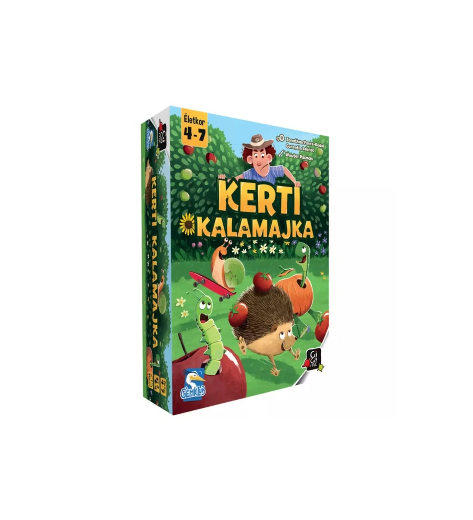 A Kerti Kalamajka társasjáték doboza, amelyen aranyos állatok versenyeznek egy kertben, miközben a gazda figyeli őket.