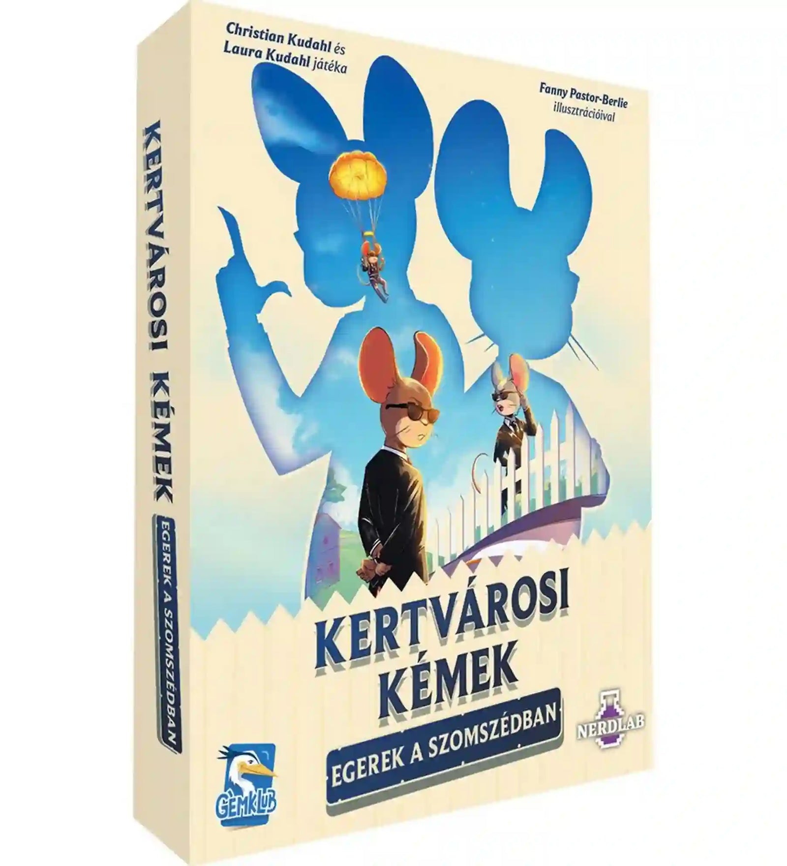 Kertvárosi Kémek – Egerek a szomszédban társasjáték dobozának eleje, titkos ügynök egerek illusztrációjával.