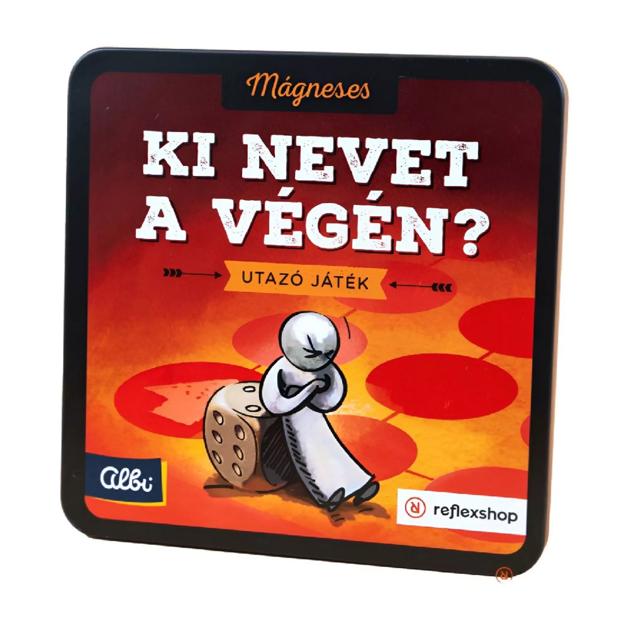 Mágneses Ki nevet a végén? utazó társasjáték doboza, amely könnyen hordozható és útközben is játszható, a Reflexshop kiadásában.