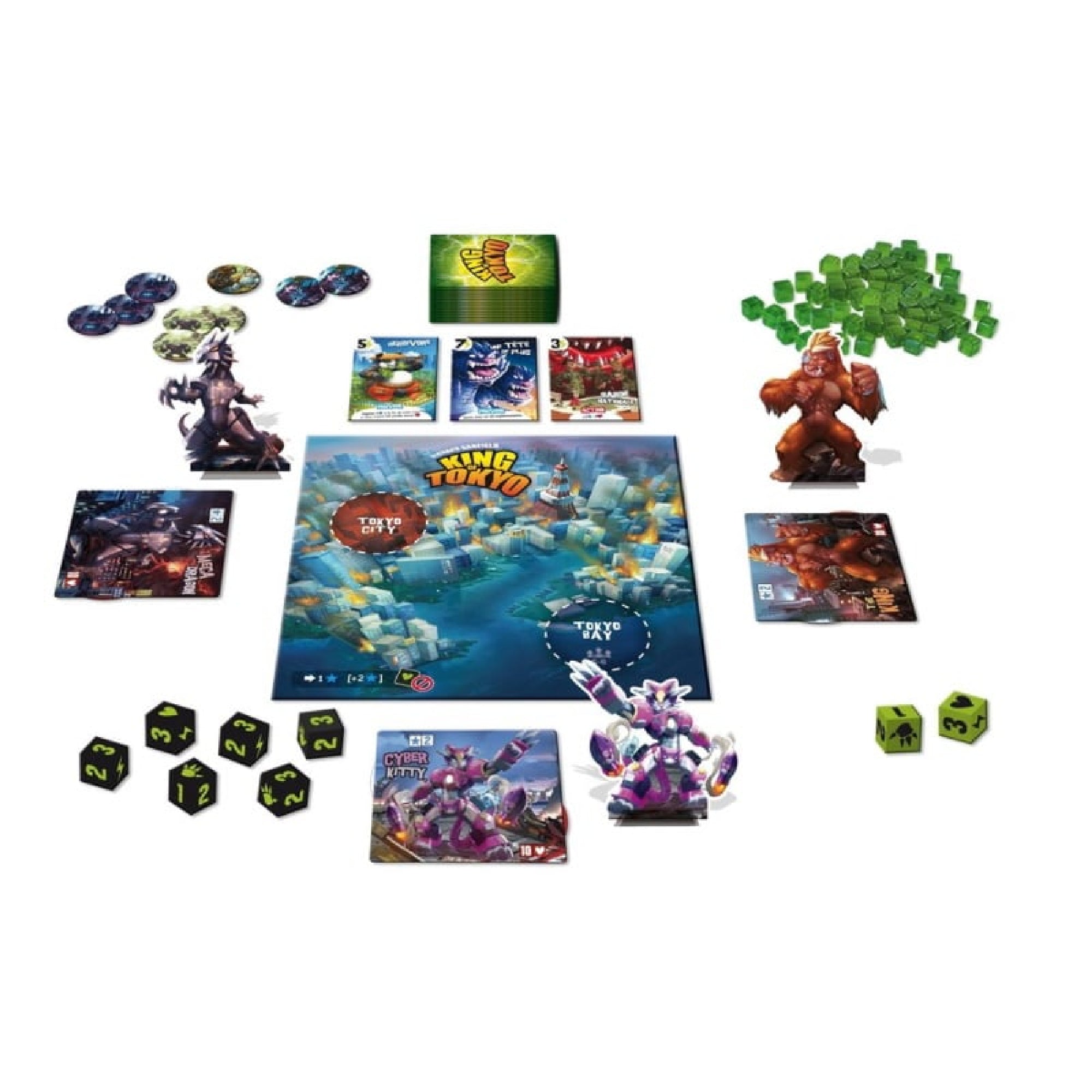 A King of Tokyo: New Edition társasjáték asztalképe, középen a várost ábrázoló játéktáblával. Körülötte hatalmas szörnyfigurák, mint a Cyber Kitty, a Giga Zaur és a King, valamint kockák, kártyák és zöld energiajelölők láthatók. A játékosok célja, hogy a legfélelmetesebb szörnyként uralják Tokiót.